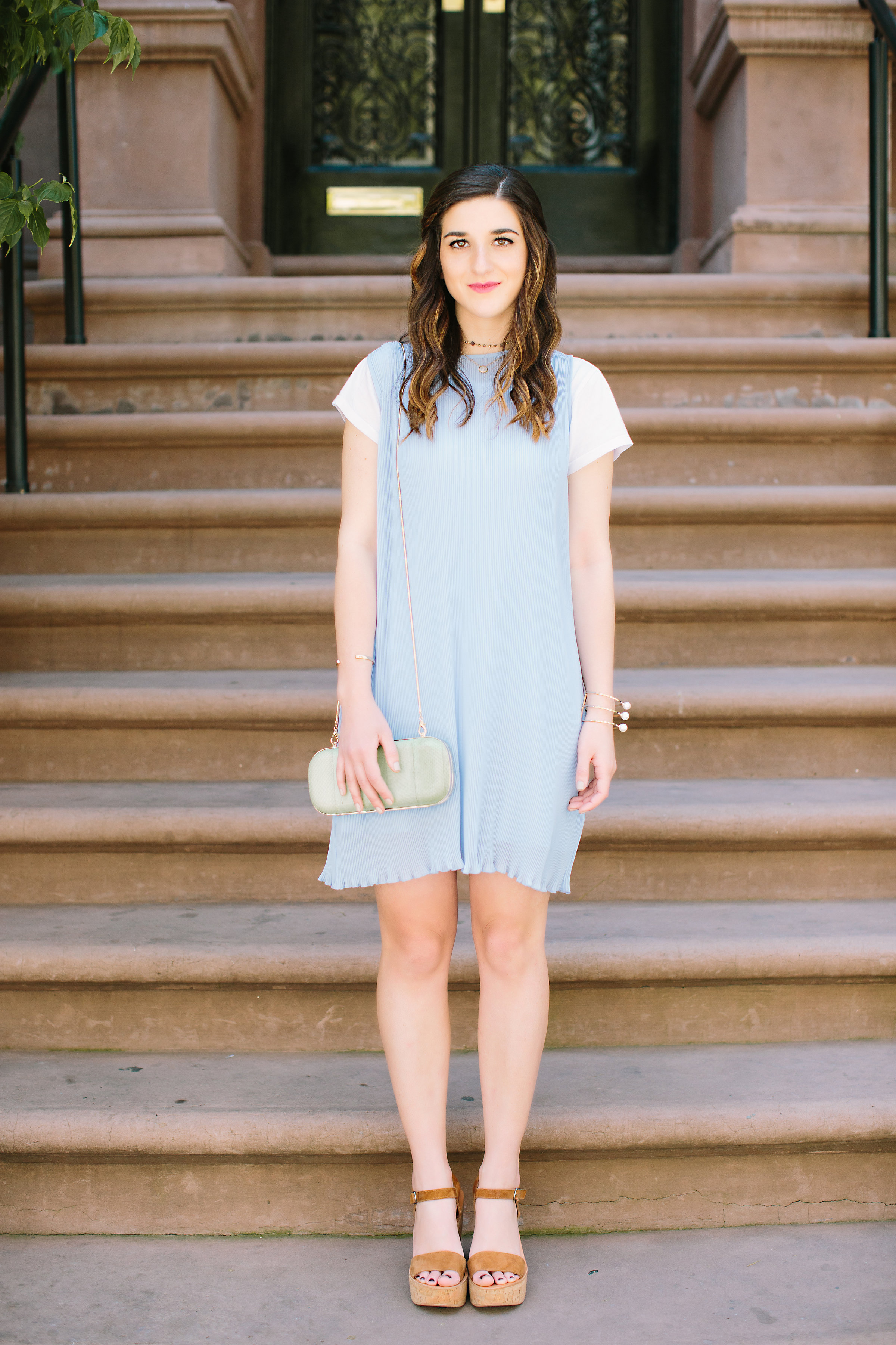 Pastel Blue Pleated Dress Keepsake The Label Louboutins & Love Fashion Blog Esther Santer NYC Street Style Blogger Outfit OOTD Pretty Photoshoot Upper East Side Dolce Vita Wedges Clutch Club Monaco Gold Jewelry Women White Tee Shirt Inspo Summer Look.jpg