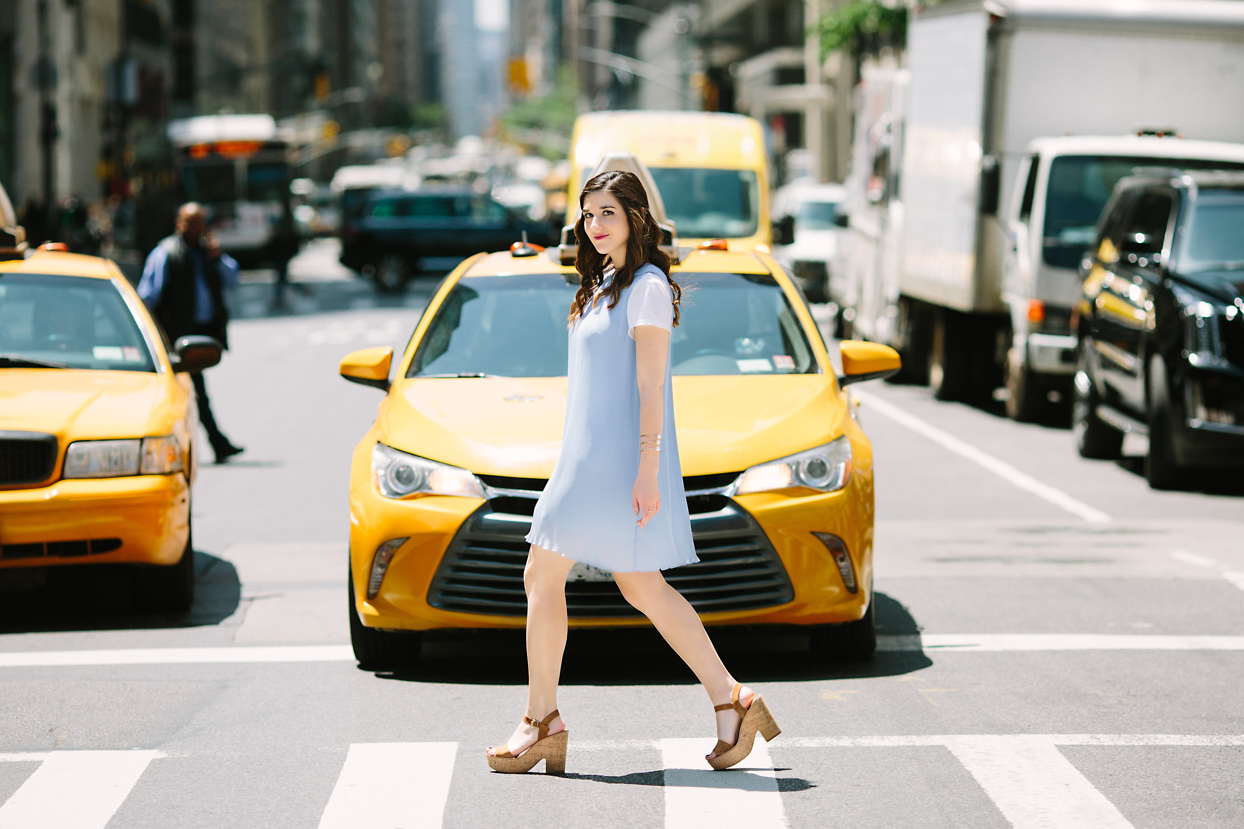 Pastel Blue Pleated Dress Keepsake The Label Louboutins & Love Fashion Blog Esther Santer NYC Street Style Blogger Outfit OOTD Pretty Photoshoot Upper East Side Dolce Vita Wedges Clutch Club Monaco Gold Jewelry Women White Tee Shirt Summer Look Inspo.jpg