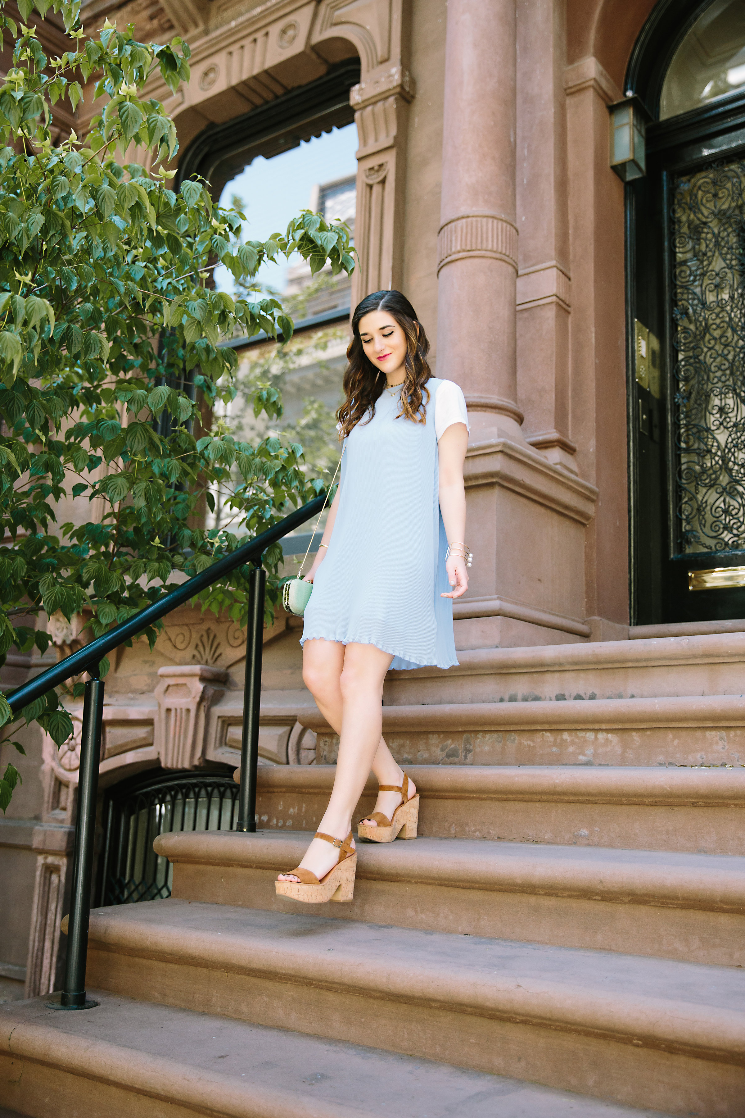 Pastel Blue Pleated Dress Keepsake The Label Louboutins & Love Fashion Blog Esther Santer NYC Street Style Blogger Outfit OOTD Pretty Photoshoot Upper East Side Dolce Vita Wedges Gold Jewelry Club Monaco Clutch White Tee Shirt Inspo Women Summer Look.jpg