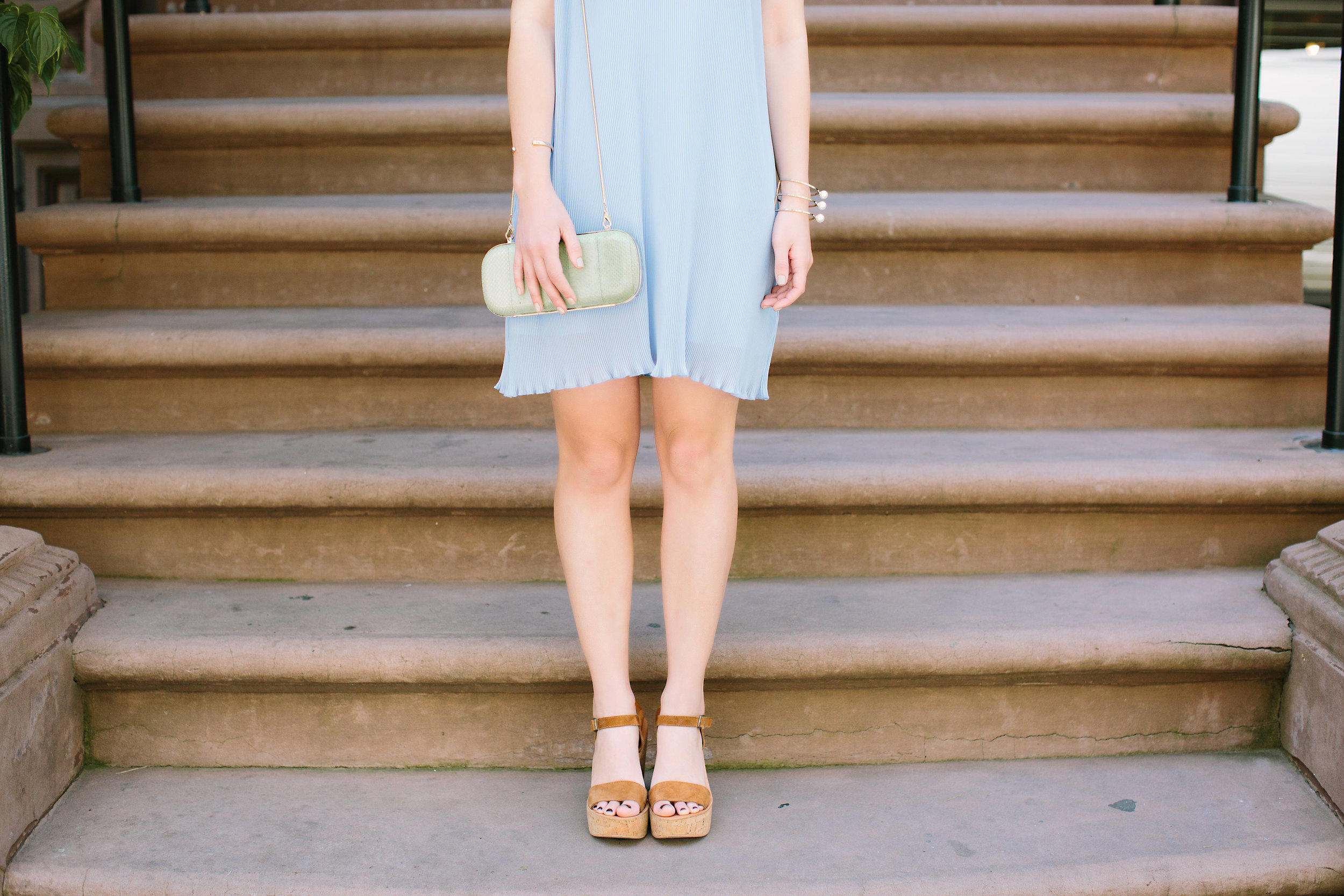 Pastel Blue Pleated Dress Keepsake The Label Louboutins & Love Fashion Blog Esther Santer NYC Street Style Blogger Outfit OOTD Pretty Photoshoot Upper East Side Dolce Vita Wedges Gold Jewelry Clutch Club Monaco Women White Tee Shirt Inspo Summer Look.jpg