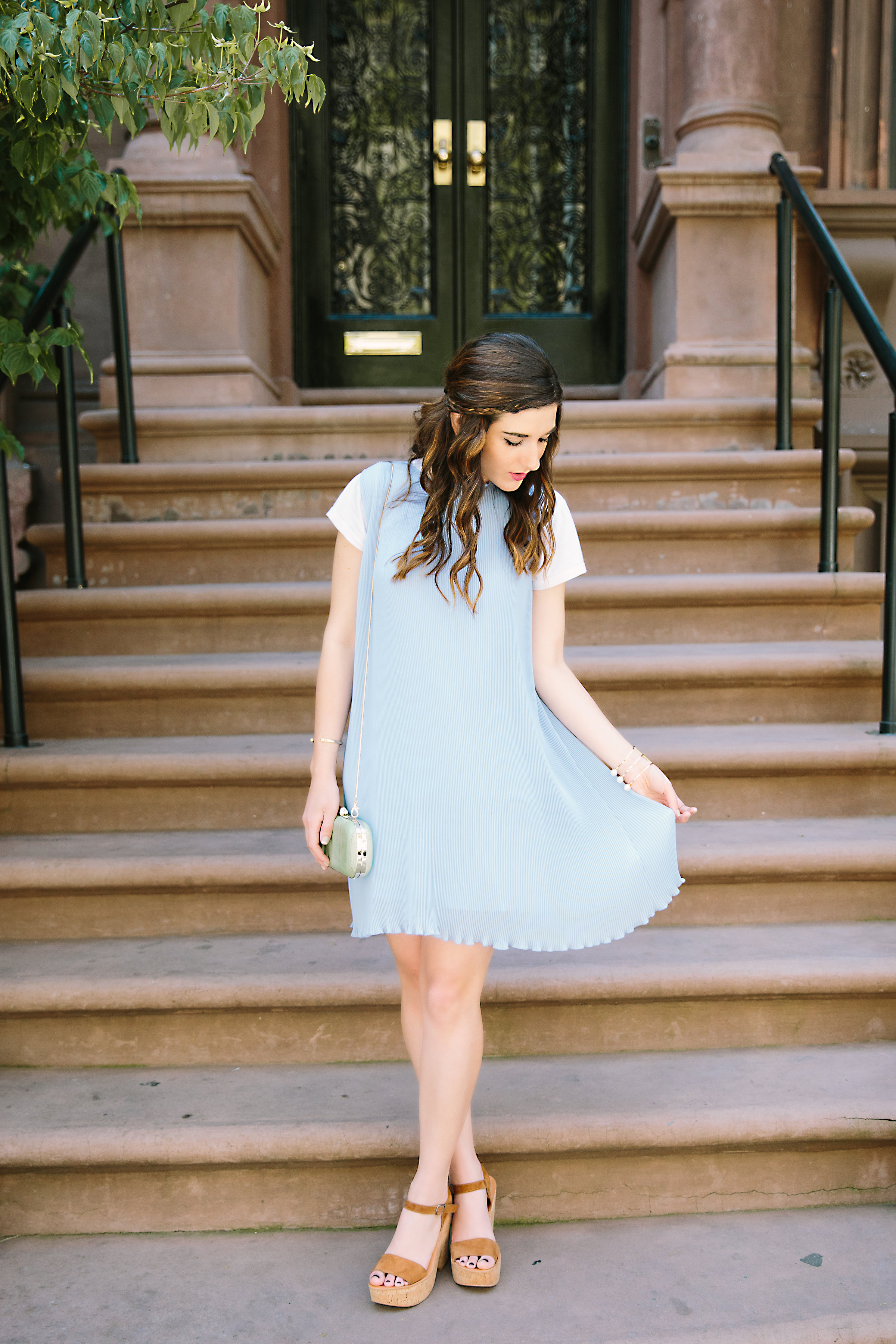 Pastel Blue Pleated Dress Keepsake The Label Louboutins & Love Fashion Blog Esther Santer NYC Street Style Blogger Outfit OOTD Pretty Photoshoot Upper East Side Dolce Vita Wedges Gold Jewelry Clutch Club Monaco White Women Tee Shirt Inspo Summer Look.jpg