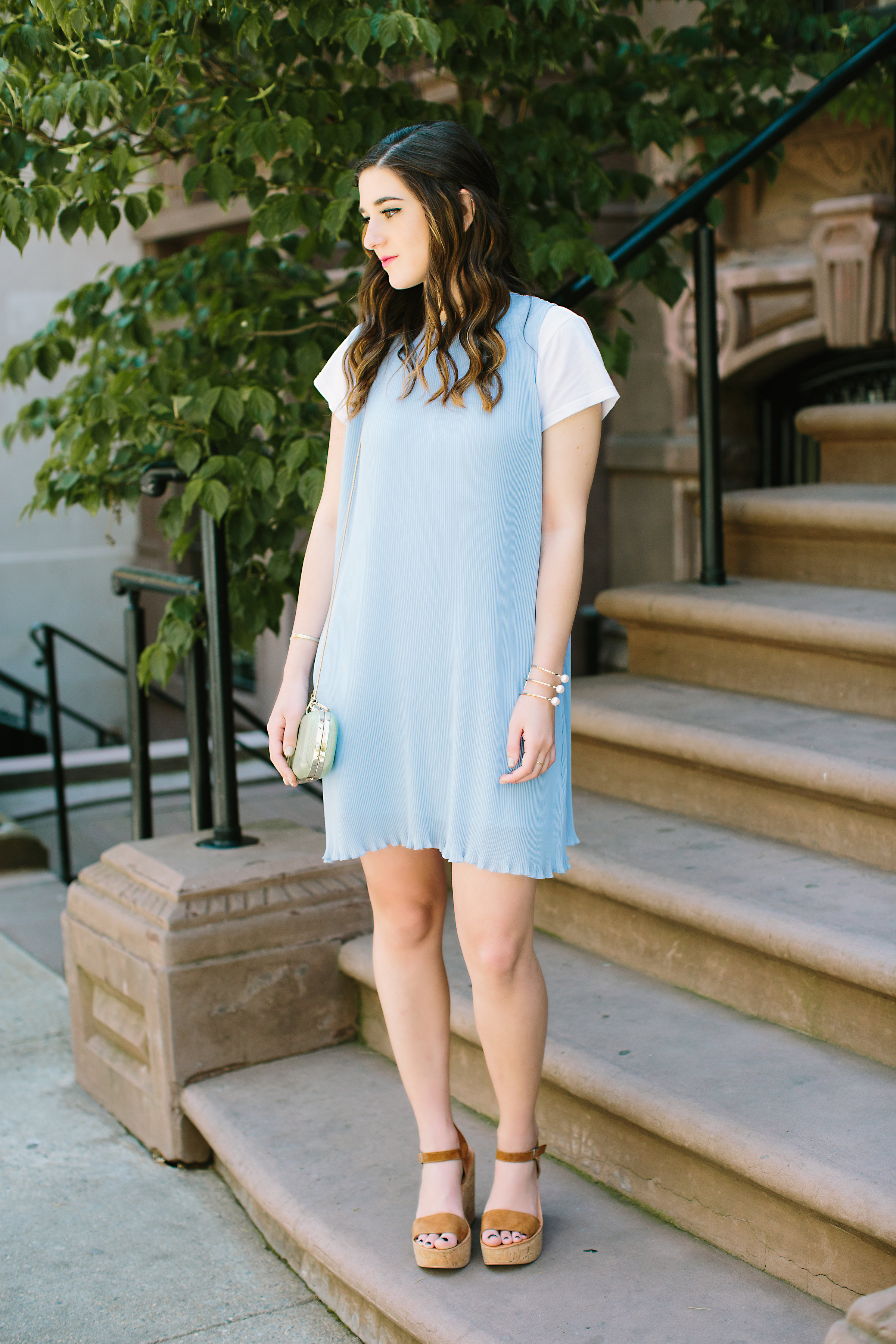 Pastel Blue Pleated Dress Keepsake The Label Louboutins & Love Fashion Blog Esther Santer NYC Street Style Blogger Outfit OOTD Pretty Photoshoot Upper East Side Dolce Vita Wedges Gold Jewelry Clutch Club Monaco Women White Tee Shirt Summer Look Inspo.jpg