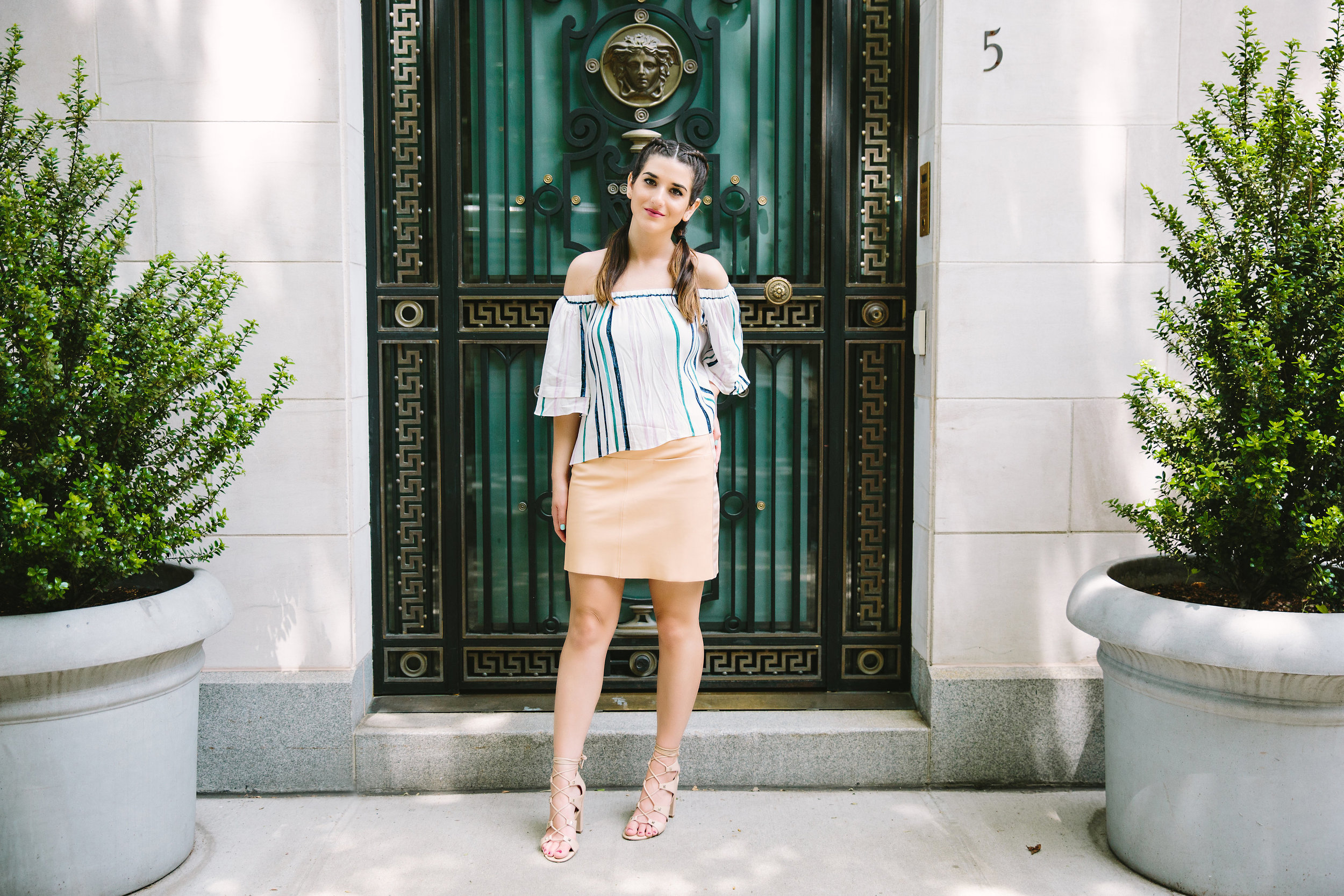 Striped Off-The-Shoulder Shoulder Top Shop Trescool Louboutins & Love Fashion Blog Esther Santer NYC Street Style Blogger Outfit OOTD Mini Skirt Pastel Pink Trendy Ivanka Trump Nude Lace Up Heels Gold Ring Hairstyle Boxer Braid Photoshoot Inspo Summer.jpg