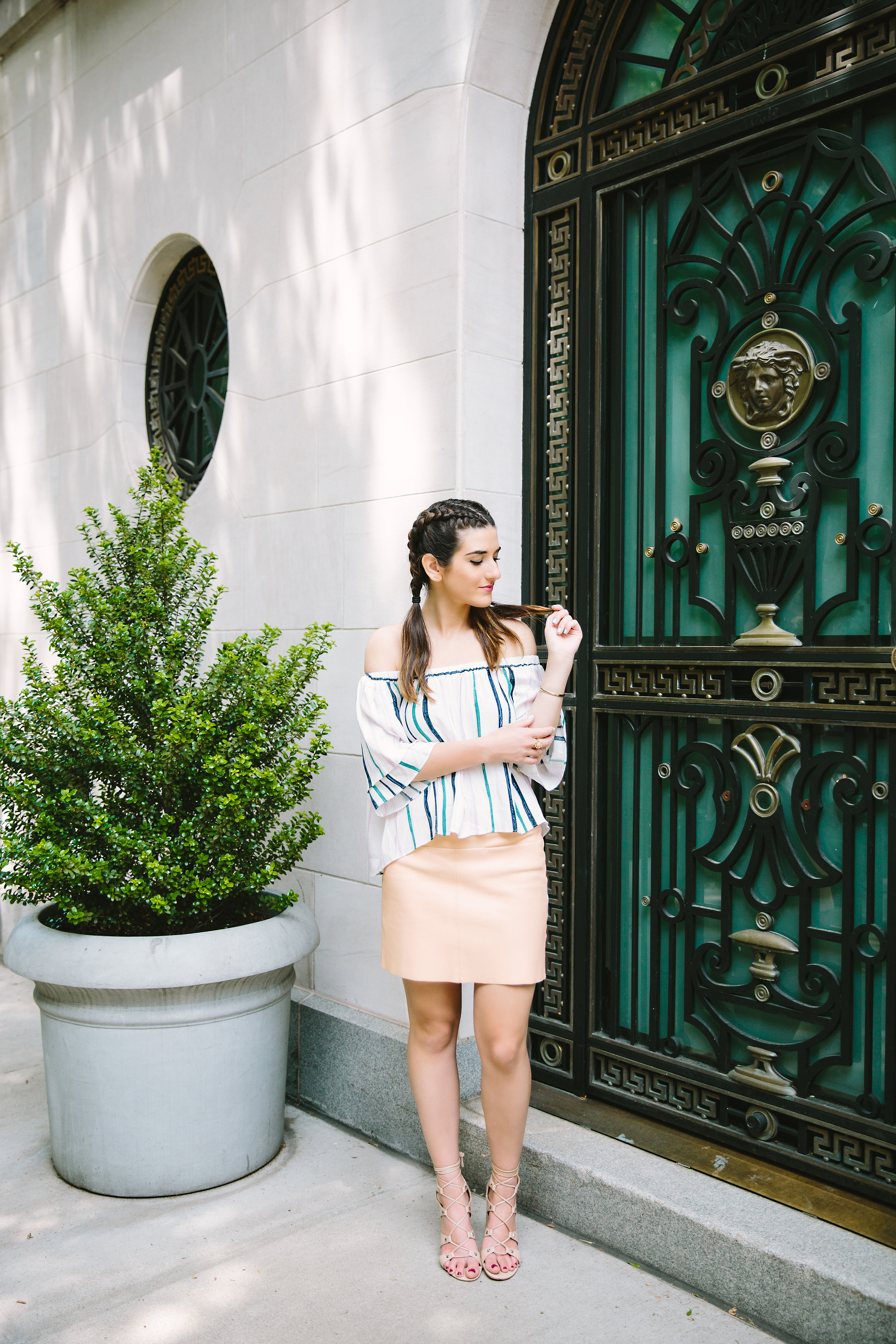 Striped Off-The-Shoulder Shoulder Top Shop Trescool Louboutins & Love Fashion Blog Esther Santer NYC Street Style Blogger Outfit OOTD Mini Skirt Pastel Pink Trendy Nude Lace Up Heels Ivanka Trump Gold Ring Boxer Braid Hairstyle Inspo Summer Photoshoot.jpg