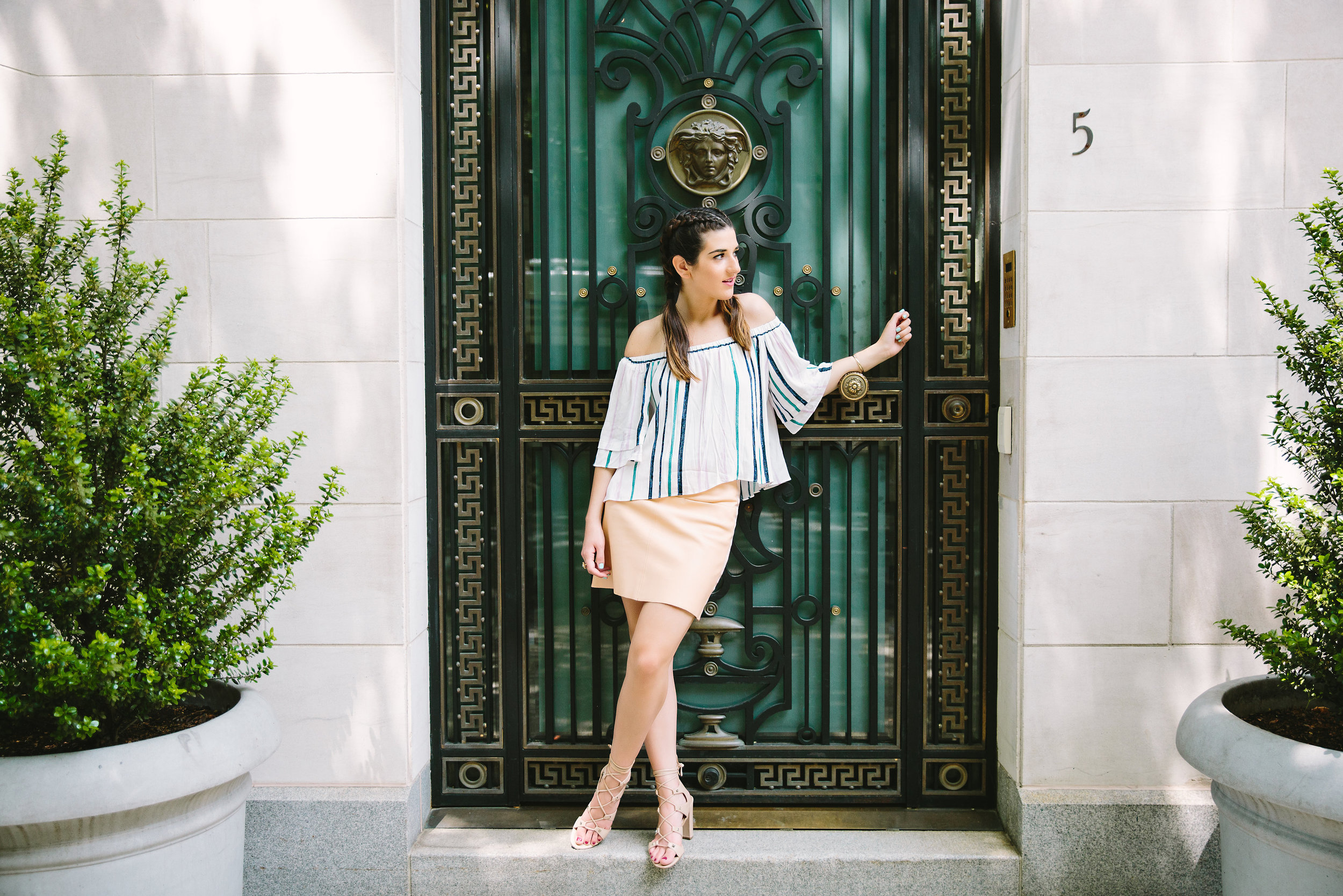 Striped Off-The-Shoulder Shoulder Top Shop Trescool Louboutins & Love Fashion Blog Esther Santer NYC Street Style Blogger Outfit OOTD Mini Skirt Pastel Pink Trendy Nude Lace Up Heels Ivanka Trump Gold Ring Hairstyle Boxer Braid Photoshoot Inspo Summer.jpg