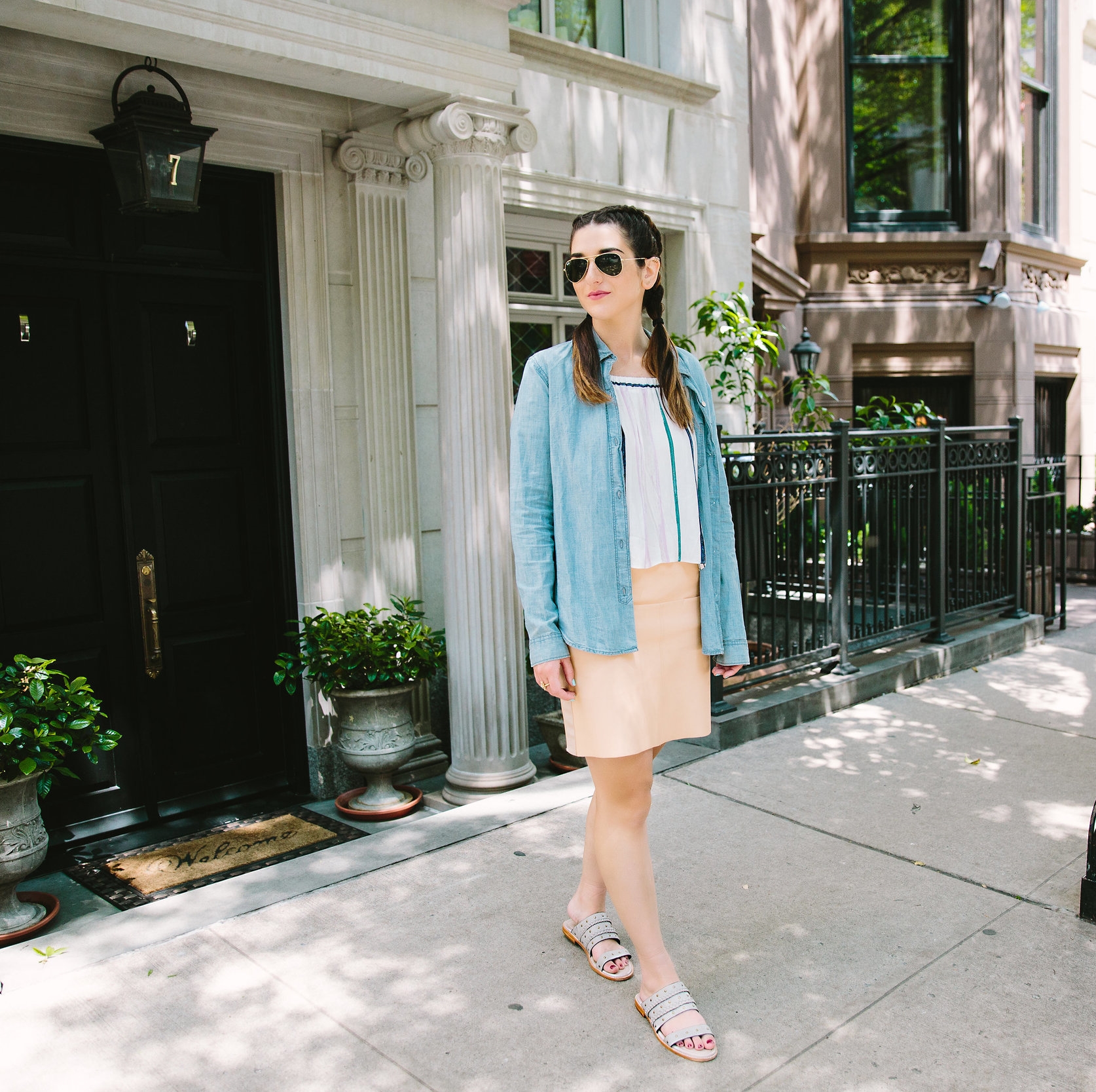 Stripes and Sandals M4D3 Shoes Louboutins & Love Fashion Blog Esther Santer NYC Street Style Blogger OOTD Outfit Shopping Sunglasses RayBan Aviators Jean Shirt Pink Pleather Skirt New York City Photoshoot Summer Look Girl Women Pretty Colorful Model.jpg