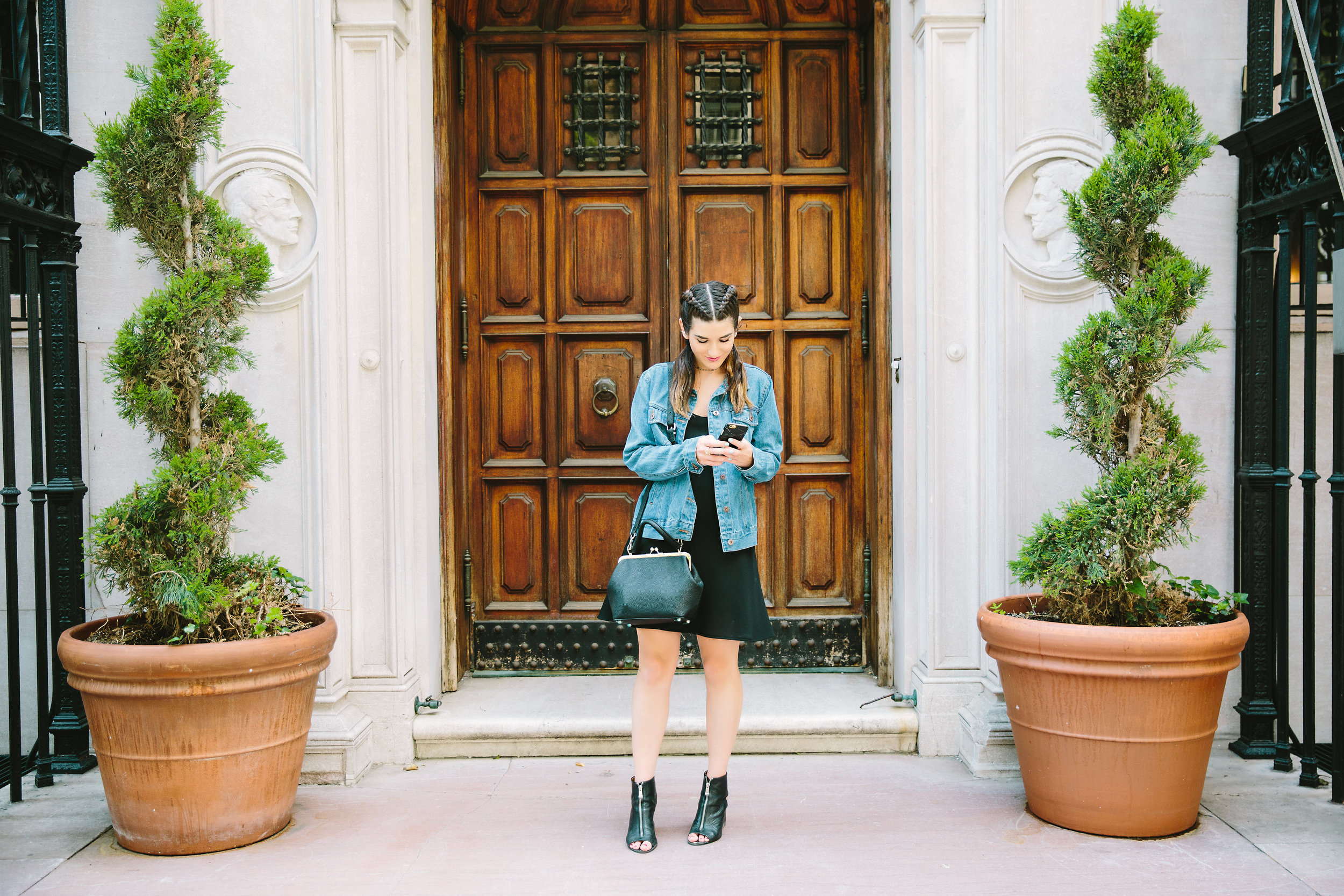 JoJo Work Bag JEMMA Louboutins & Love Fashion Blog Esther Santer NYC Street Style Blogger Outfit OOTD Denim Jean Jacket Forever 21 Nordstrom Booties Black Slip Dress Braids Hair Inspo Goals Women Girls Shop Purse Summer Wear New York City Photoshoot.jpg