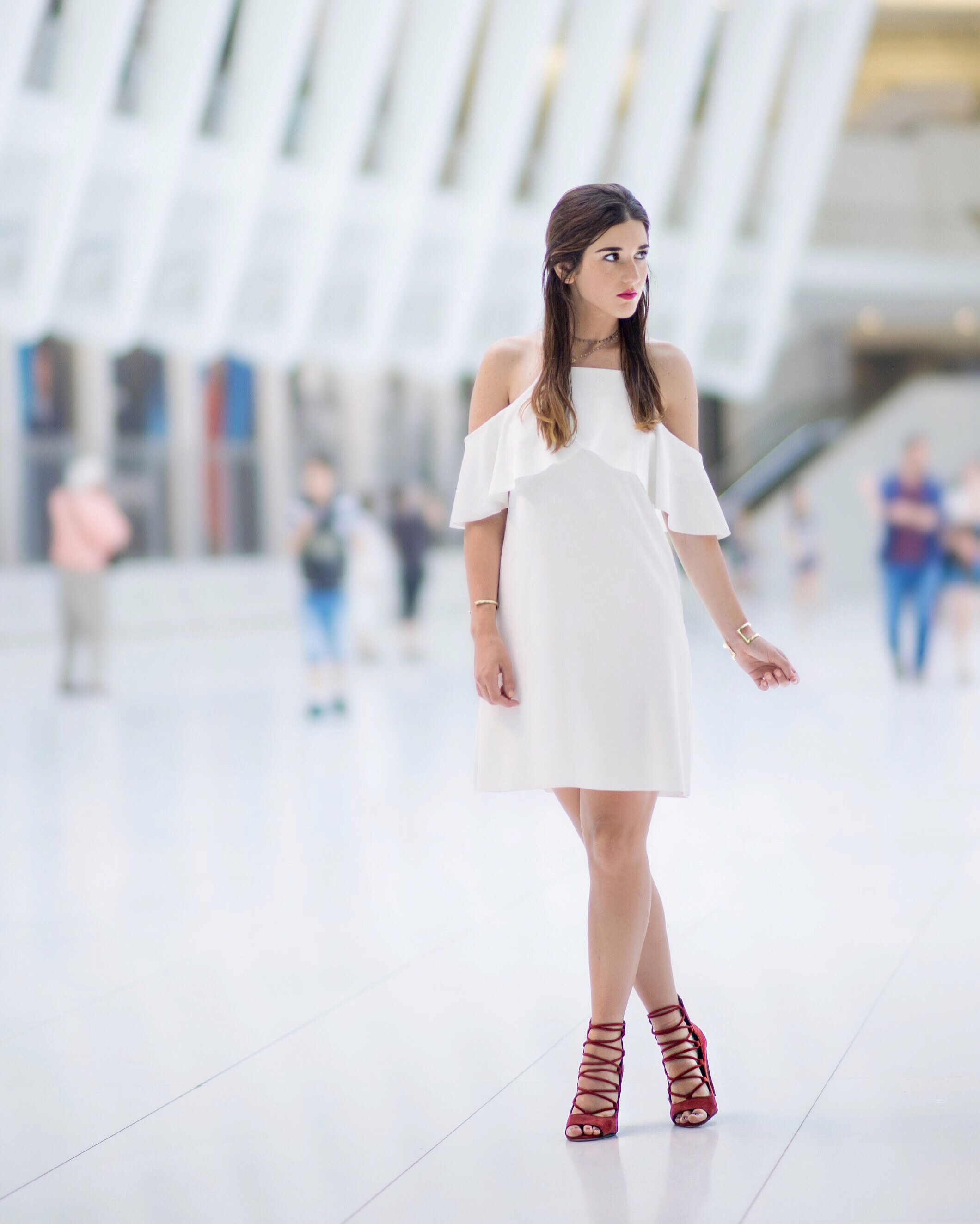 Cold Shoulder White Dress Red Heels Louboutins & Love Fashion Blog Esther Santer NYC Street Style Blogger Outfit OOTD Trendy French Connection Zara Beaded Chokers Jewelry Bloomingdale's Girl Women Shoes Hair Inspo Gold Bracelet Pretty Color Photoshoot.jpg