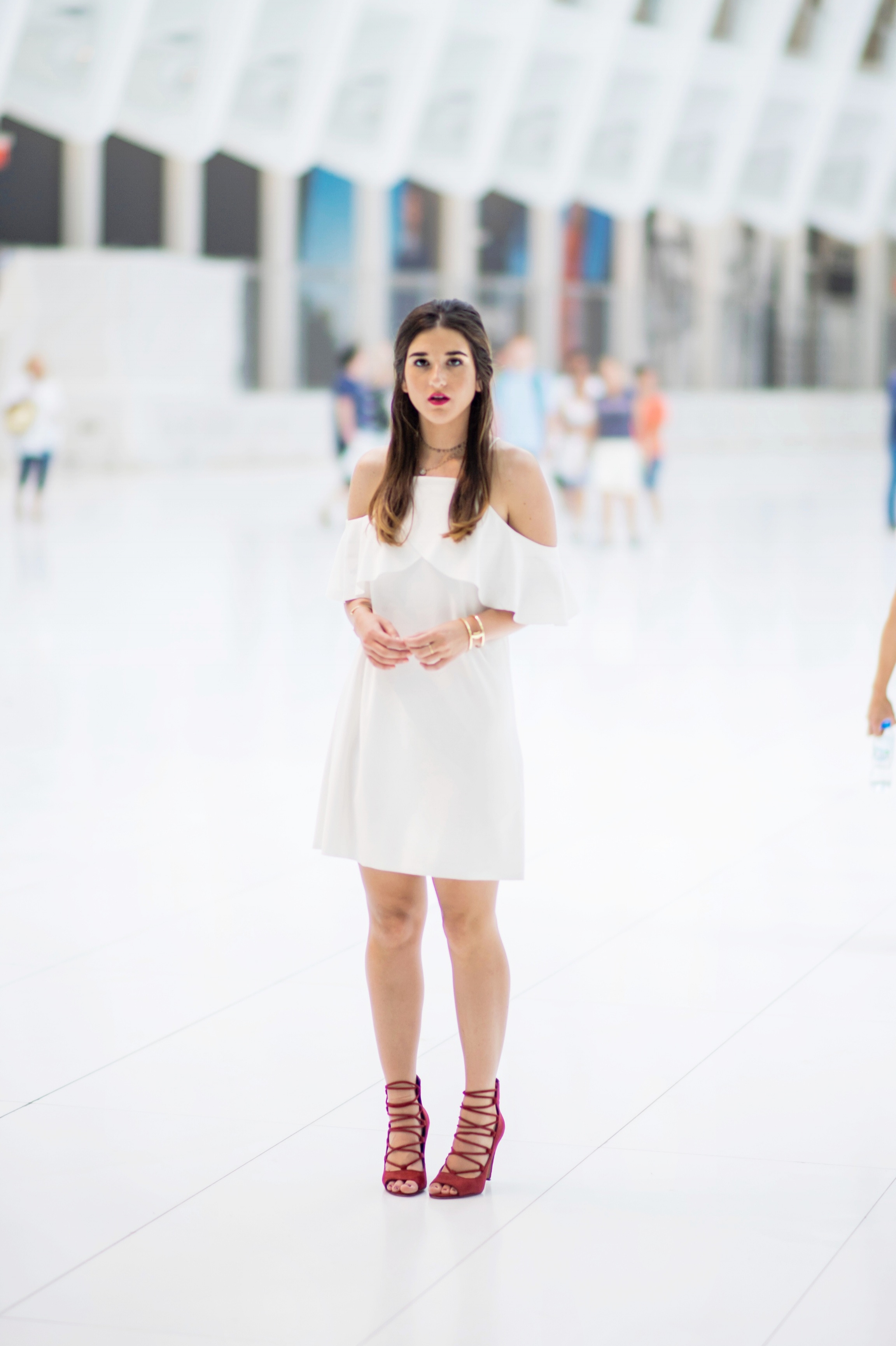 Cold Shoulder White Dress Red Heels Louboutins & Love Fashion Blog Esther Santer NYC Street Style Blogger Outfit OOTD Trendy French Connection Zara Beaded Chokers Jewelry Bloomingdale's Girl Women Shoes Hair Pretty Inspo Gold Bracelet Color Photoshoot.jpg
