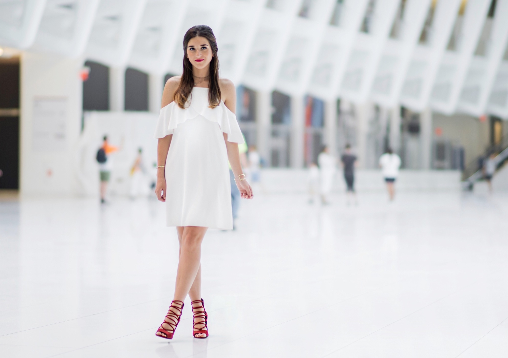 Cold Shoulder White Dress Red Heels Louboutins & Love Fashion Blog Esther Santer NYC Street Style Blogger Outfit OOTD Trendy French Connection Zara Beaded Chokers Jewelry Bloomingdale's Girl Women Shoes Pretty Gold Bracelet Hair Inspo Photoshoot Color.jpg