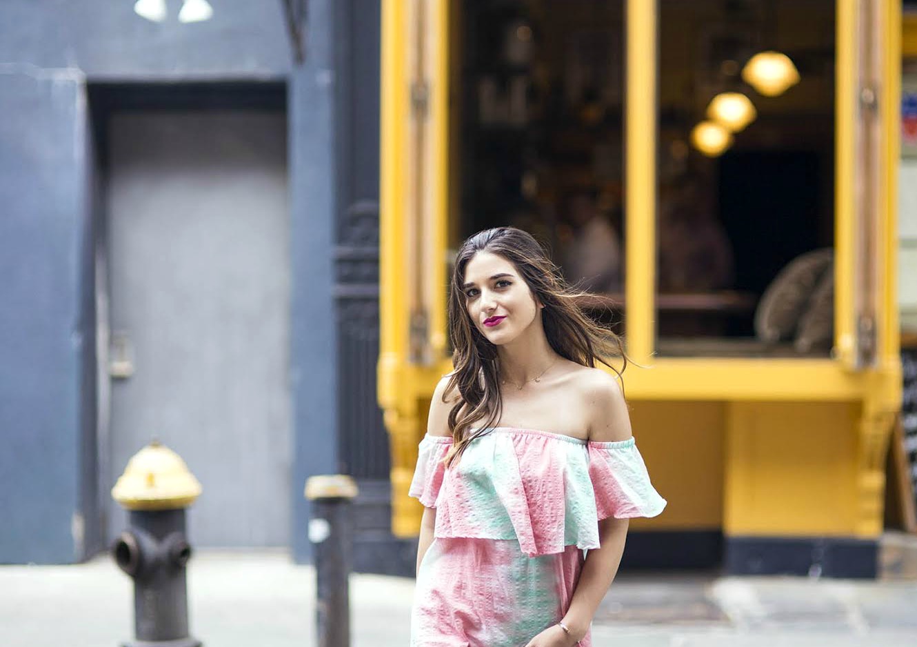 Pastel Tie-Dye Dress Shop Trescool Louboutins & Love Fashion Blog Esther Santer NYC Street Style Blogger Outfit OOTD Trendy Cold Shoulders Blue Black Women Girl Hair Curly Brown Green Pink Red Lip Makeup Lace Up Heels Gray Lady Fashion Bracelet Choker.jpg