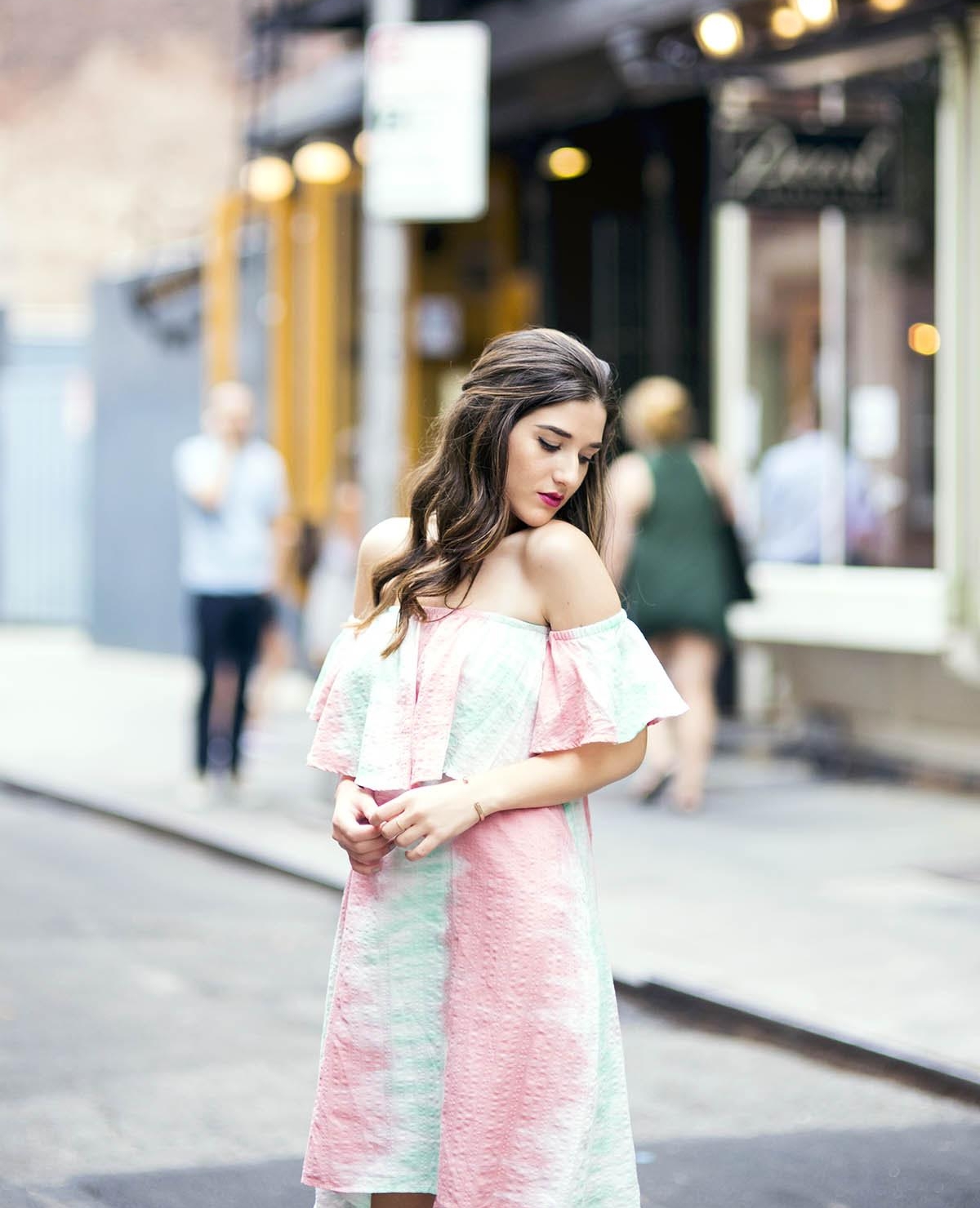 Pastel Tie-Dye Dress Shop Trescool Louboutins & Love Fashion Blog Esther Santer NYC Street Style Blogger Outfit OOTD Trendy Cold Shoulders Blue Black Women Girl Hair Curly Brown Green Pink Red Lip Makeup Heels Lace Up Gray Fashion Lady Bracelet Choker.jpg