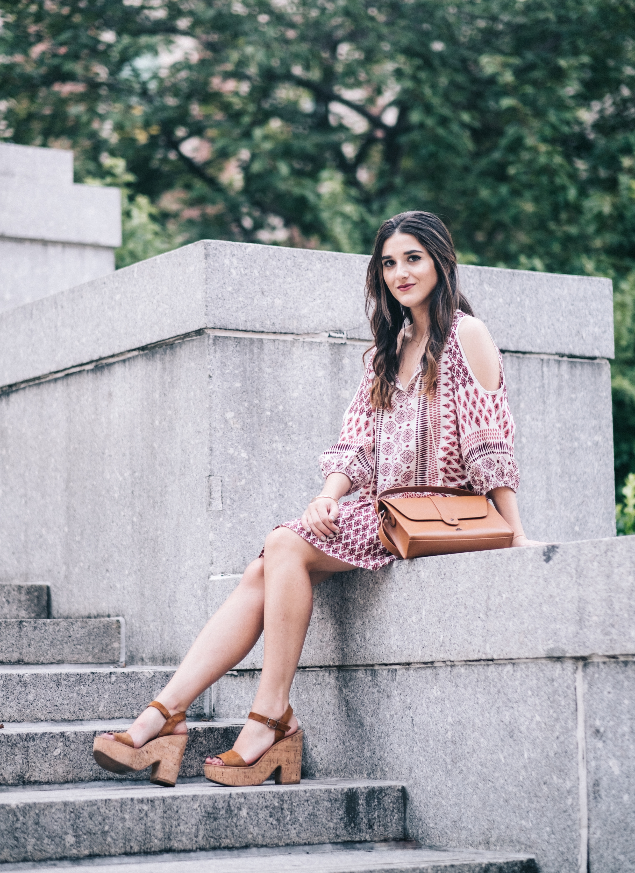 Printed Boho Dress West Kei Louboutins & Love Fashion Blog Esther Santer NYC Street Style Blogger Outfit OOTD Trendy Tassels Pattern Tan Crossbody Bag Elk Accessories Jeweled Snake Bracelet Hair Inspo Gold Choker Jewelry Dolce Vita Cork Wedges Summer.jpg