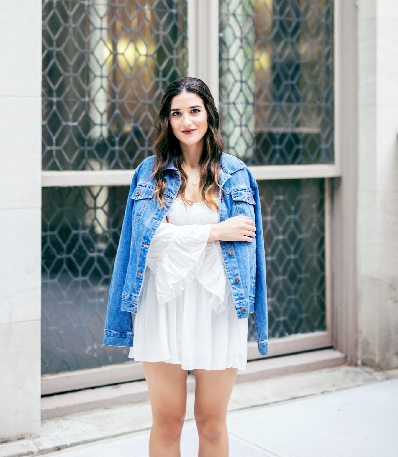 White Romper Jack Rogers Sandals Louboutins & Love Fashion Blog Esther Santer NYC Street Style Blogger Outfit OOTD Trendy Summer Spring Shopping Girls Women Hair Jean Jacket Denim Chokers Leather Shoes Long Sleeves Quality Cute Beautiful Pretty Look.jpg