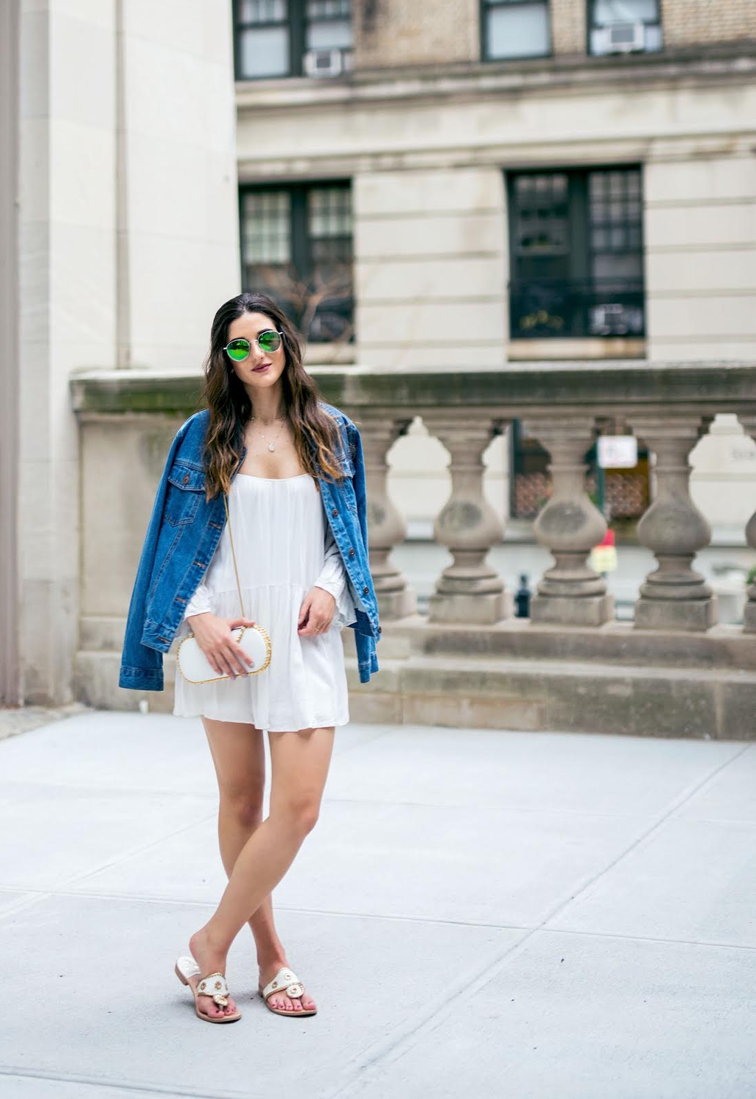 White Romper Jack Rogers Sandals Louboutins & Love Fashion Blog Esther Santer NYC Street Style Blogger Outfit OOTD Trendy Summer Spring Shopping Girls Women Hair Jean Jacket Denim Chokers Leather Shoes Long Sleeves Quality Pretty Cute Beautiful Look.jpg