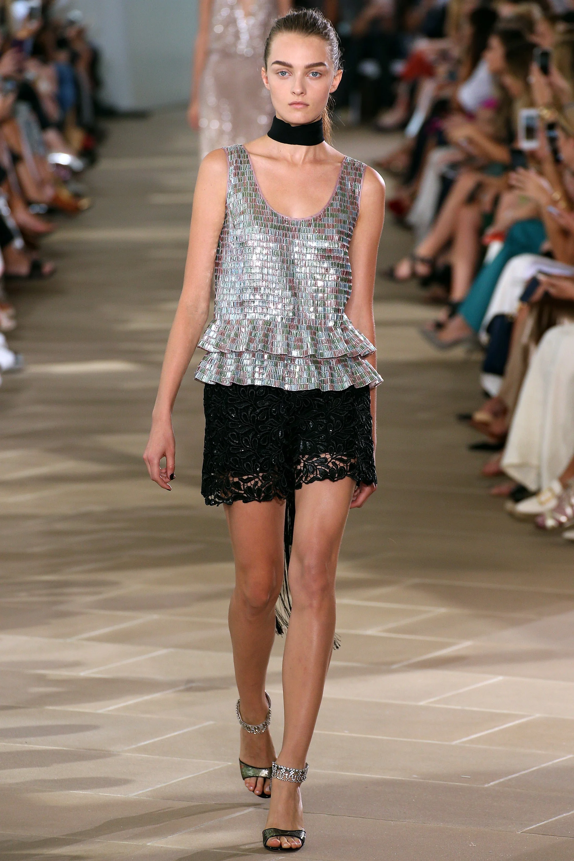 Monique Lhuillier Fashion Show Spring%2FSummer 2017 Louboutins & Love Fashion Blog Esther Santer Street Style Chic Metallic Embellished Patterns Light Floral Choker Black Gray V-Neck Off Shoulder Girl Woman Lady Model Tall Edgy Brown Hair B.jpg