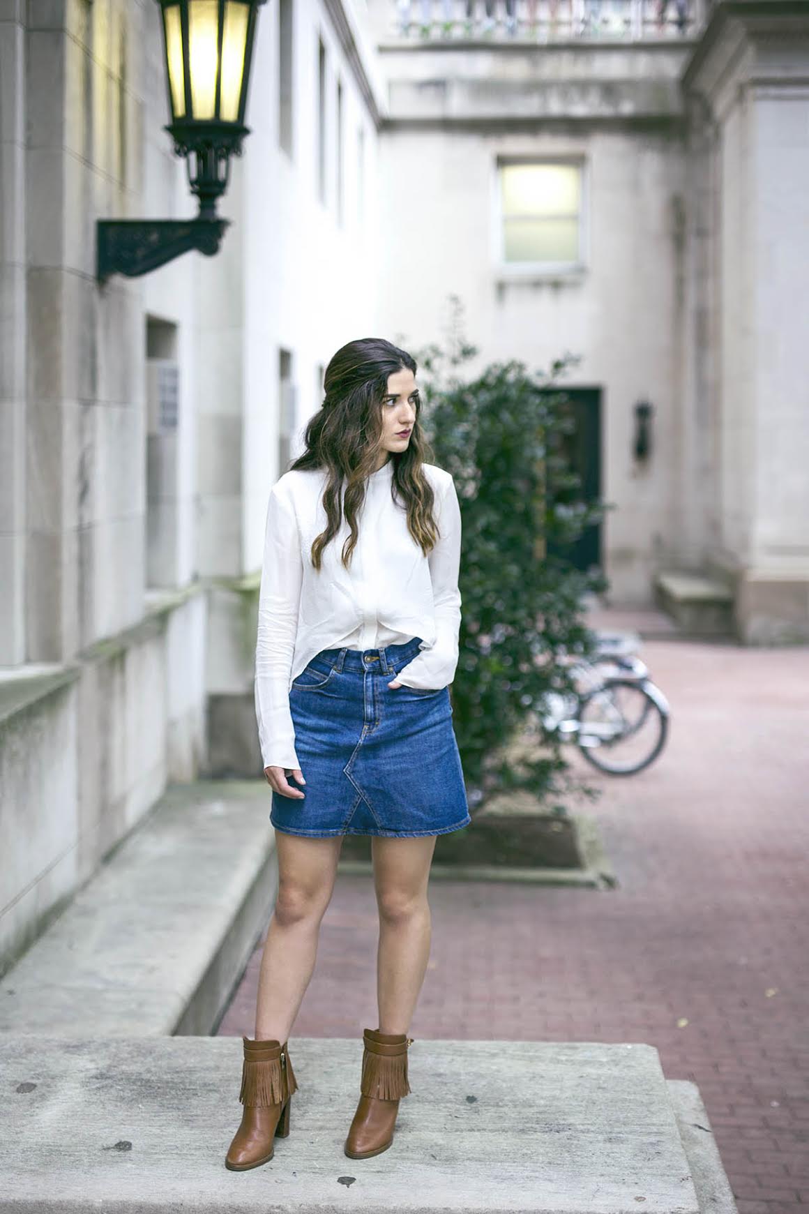 White Silk Top Chelsea and Walker Louboutins & Love Fashion Blog Esther Santer NYC Street Style Blogger Outfit OOTD Trendy Jean Denim Skirt Zara Clutch Bag Erin Dana Gold Chain Ivanka Trump Fringe Booties Inspo Cute Women Girl Transitional Pieces Fall.jpg