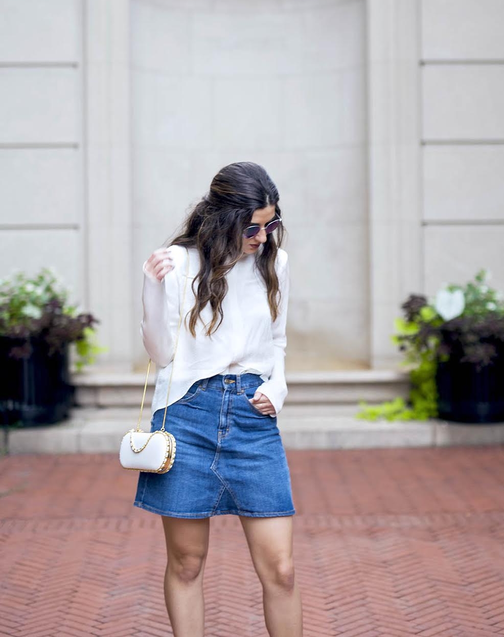 White Silk Top Chelsea and Walker Louboutins & Love Fashion Blog Esther Santer NYC Street Style Blogger Outfit OOTD Trendy Jean Denim Skirt Zara Clutch Bag Erin Dana Gold Chain Ivanka Trump Fringe Booties Inspo Top Women Girl Transitional Pieces Fall.jpg