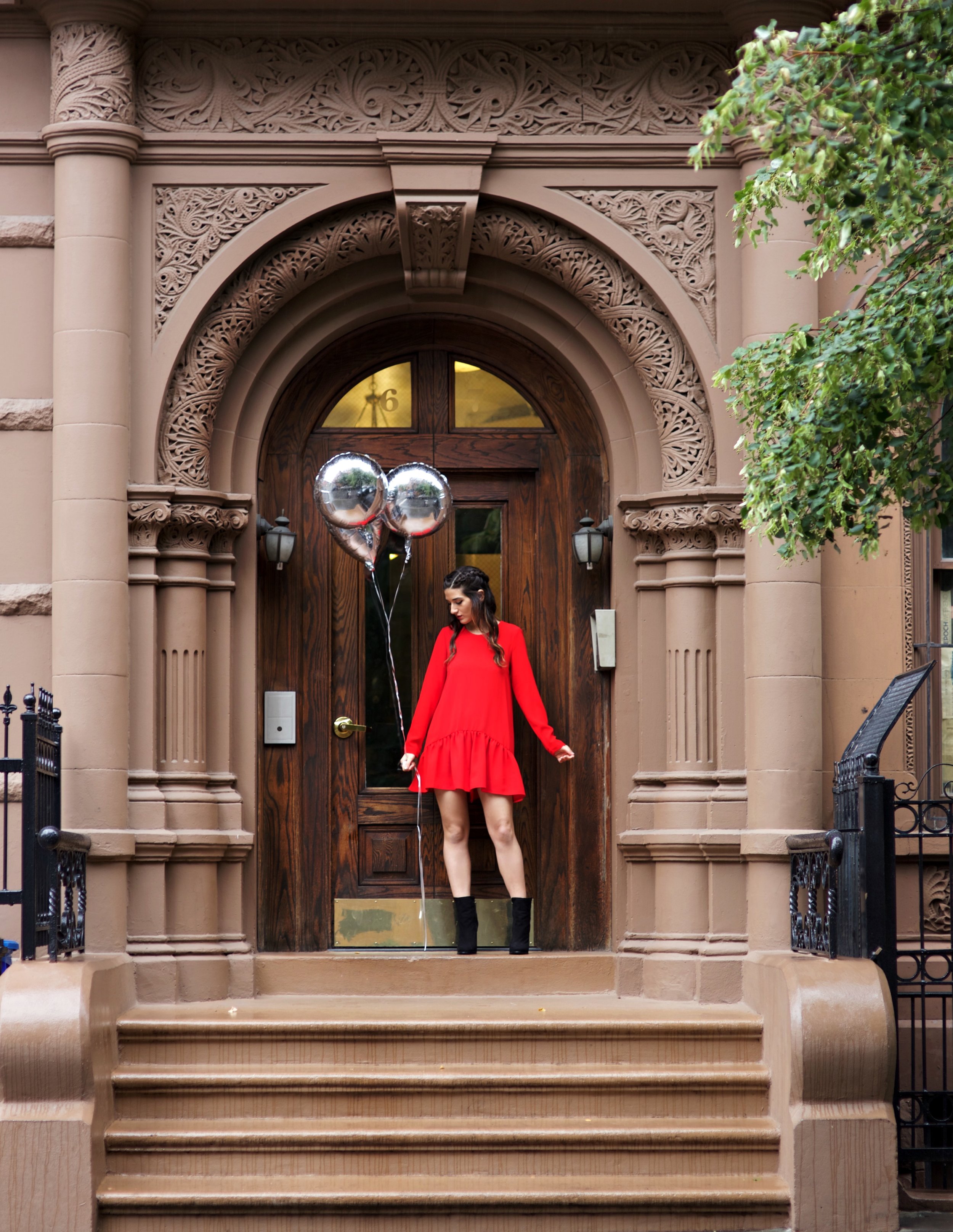 My Birthday Look Red Romper Black Booties Louboutins & Love Fashion Blog NYC Street Style Blogger Esther Santer M4D3 Shoes Trendy Outfit Pretty Beautiful Look What To Wear Shop Silver Photoshoot Balloons Fun City Lifestyle Girl Women Dress Hair Braids.jpg