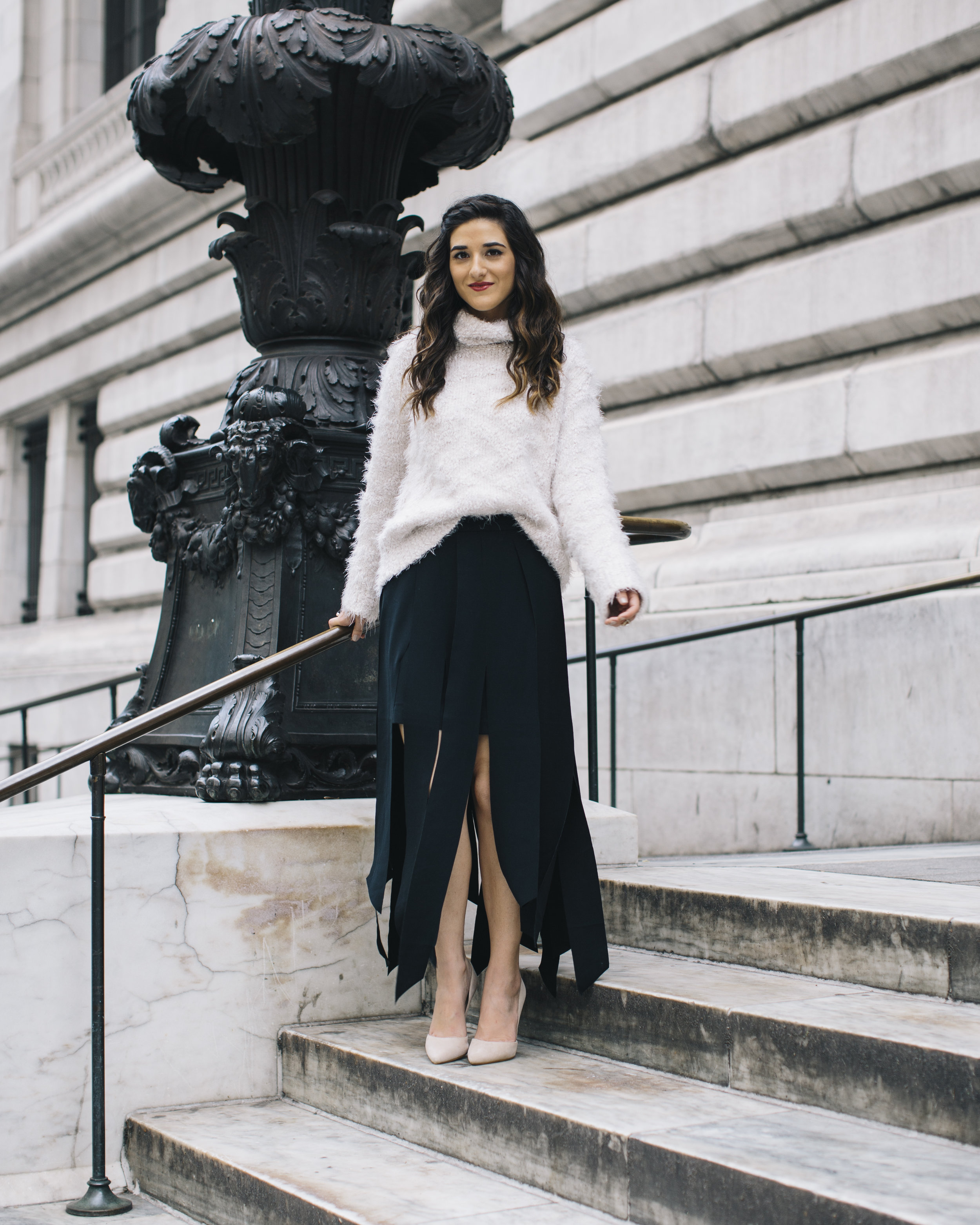 Shopping with Octer Fringe Skirt Louboutins & Love Fashion Blog Esther Santer NYC Street Style Blogger Outfit OOTD Buy Trendy Sweater Cozy Zara Steve Madden Nude Heels Neutral Colors Navy White Winter Beautiful Photoshoot New York City Hair Girl Women.jpg