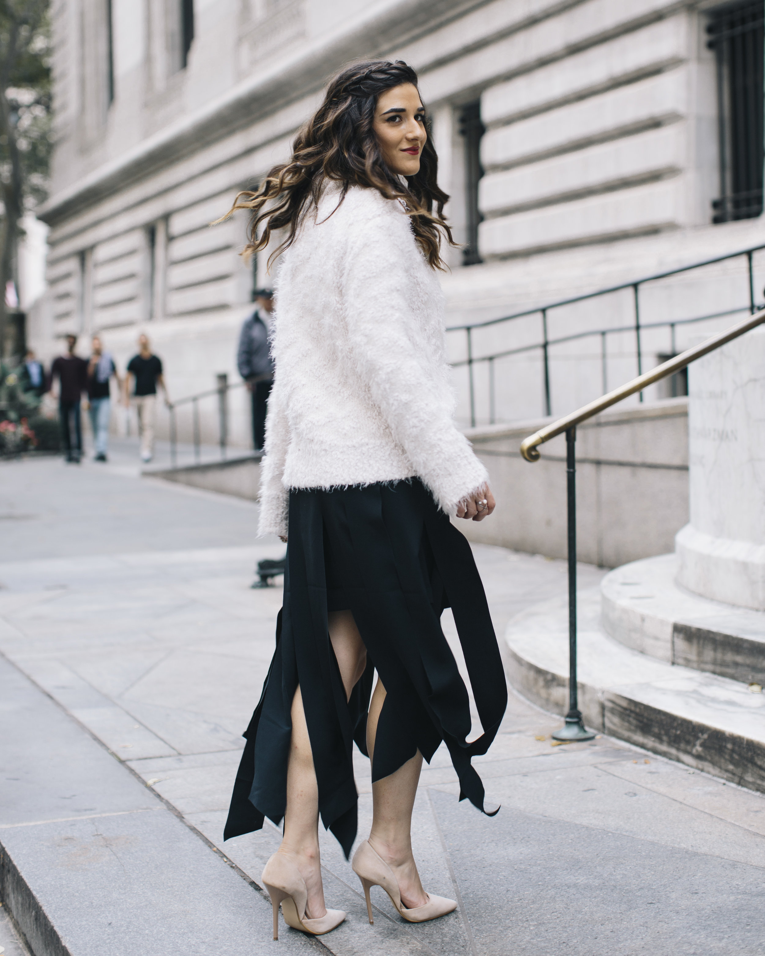 Shopping with Octer Fringe Skirt Louboutins & Love Fashion Blog Esther Santer NYC Street Style Blogger Outfit OOTD Buy Trendy Sweater Cozy Zara Steve Madden Nude Heels Neutral Colors Navy White Winter New York City Beautiful Photoshoot Hair Girl Women.jpg