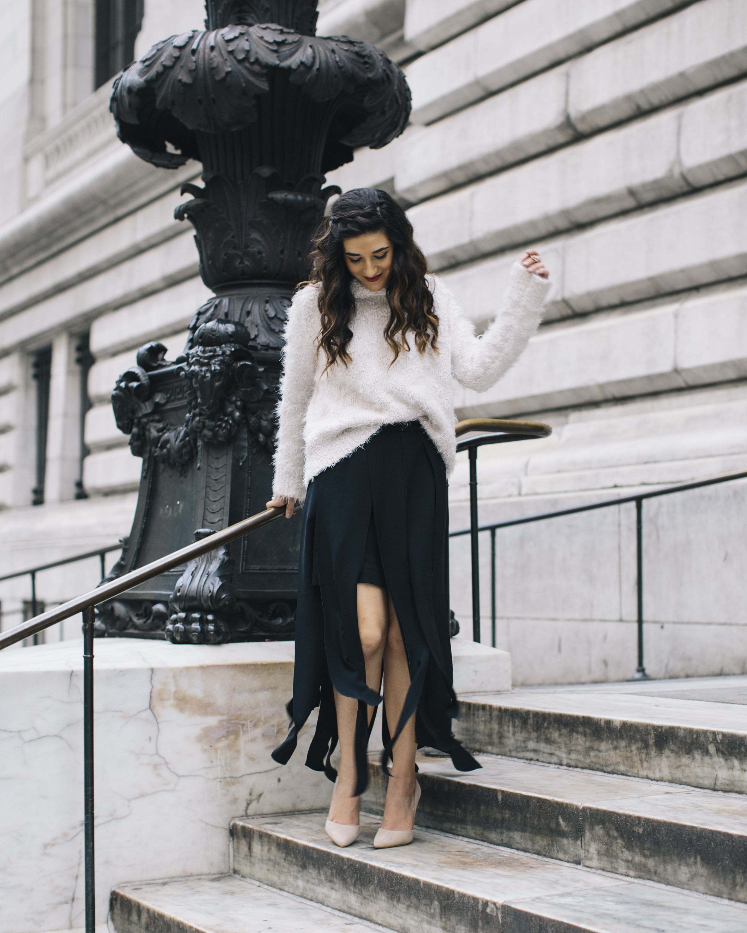 Shopping with Octer Fringe Skirt Louboutins & Love Fashion Blog Esther Santer NYC Street Style Blogger Outfit OOTD Buy Trendy Sweater Cozy Zara Steve Madden Nude Heels Neutral Colors Navy White Winter New York City Beautiful Photoshoot Hair Women Girl.jpg