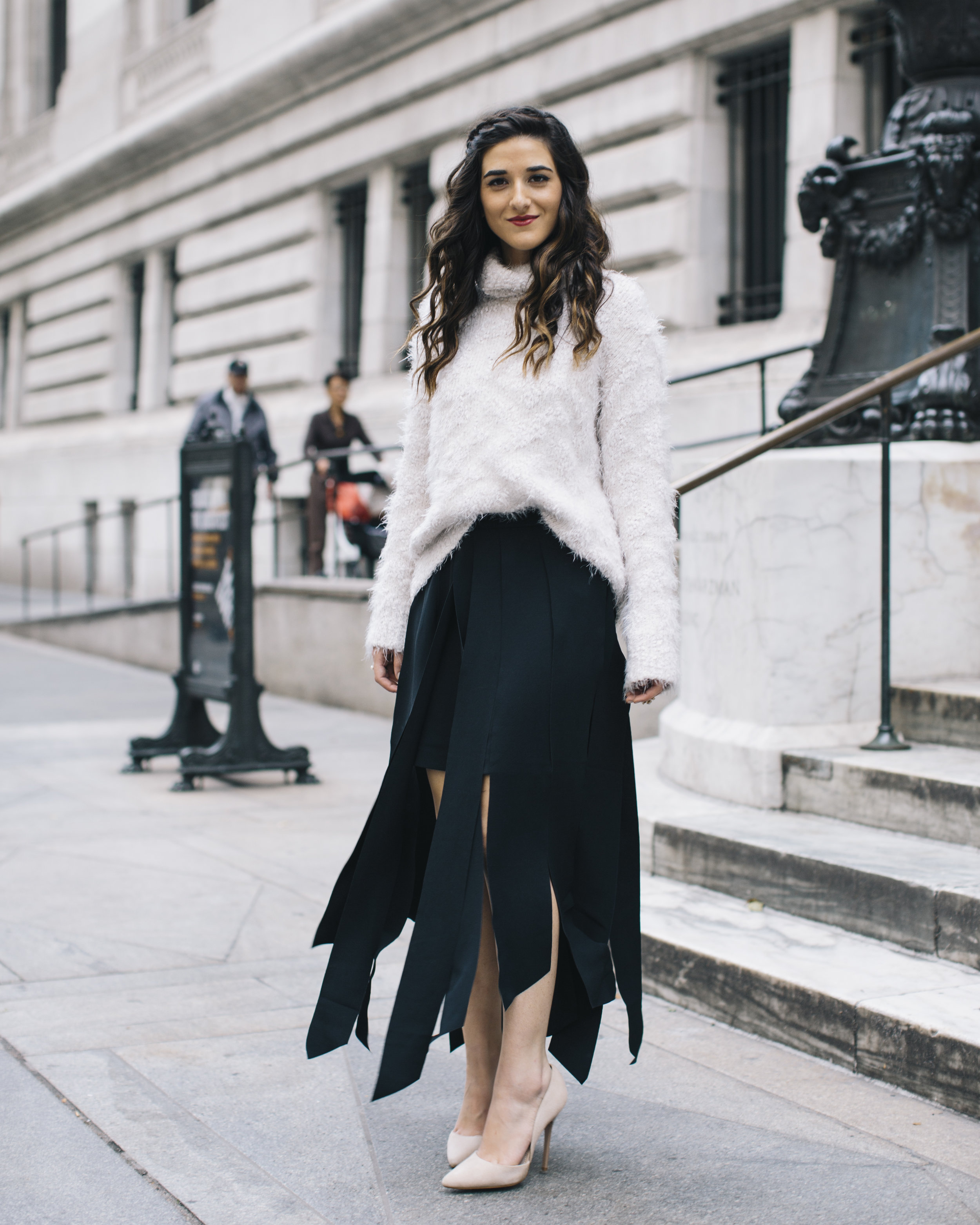 Shopping with Octer Fringe Skirt Louboutins & Love Fashion Blog Esther Santer NYC Street Style Blogger Outfit OOTD Buy Trendy Sweater Cozy Zara Steve Madden Nude Heels Neutral Colors Navy White Winter New York City Photoshoot Beautiful Hair Women Girl.jpg
