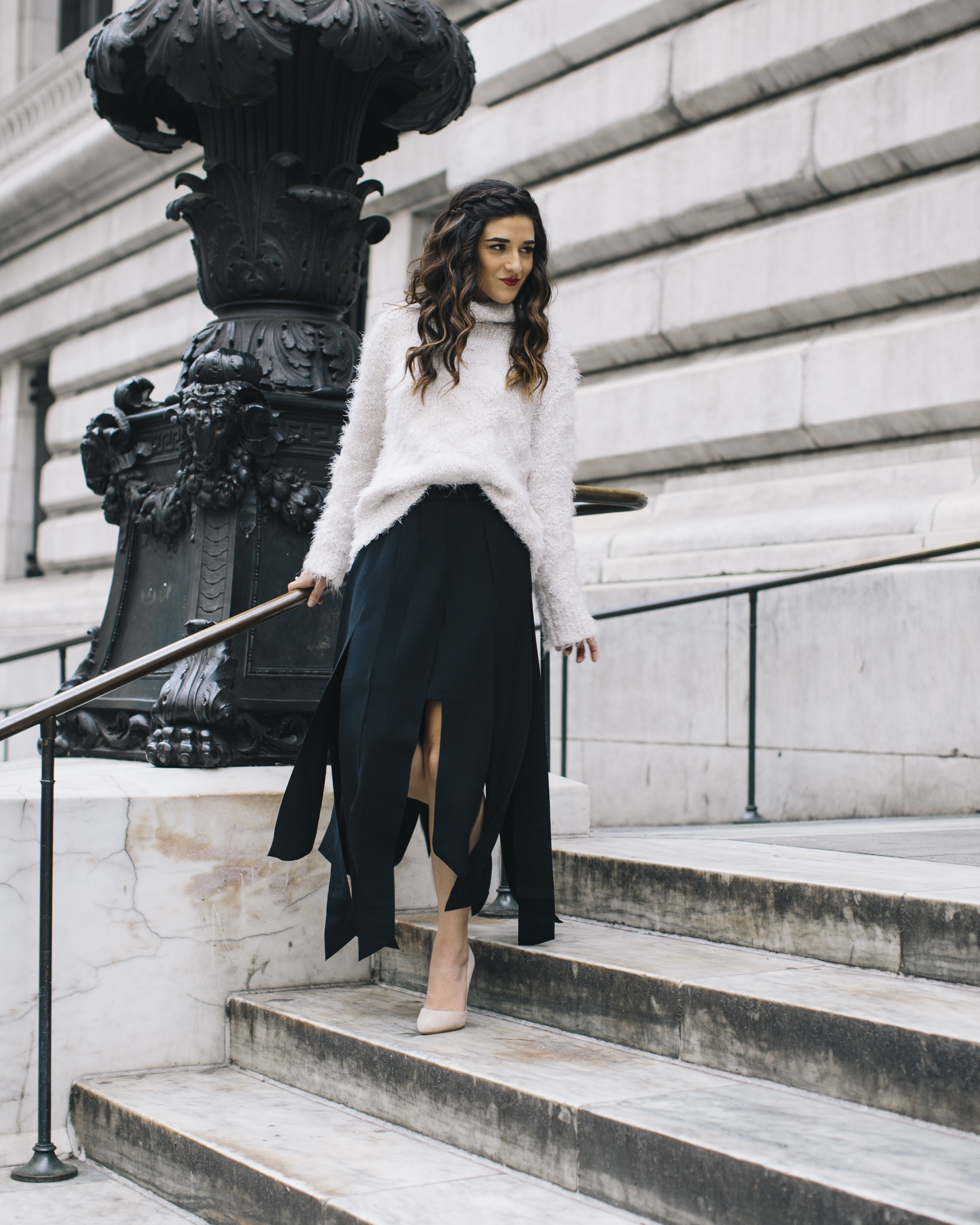 Shopping with Octer Fringe Skirt Louboutins & Love Fashion Blog Esther Santer NYC Street Style Blogger Outfit OOTD Buy Trendy Sweater Cozy Zara Steve Madden Nude Heels Neutral Colors Navy White Winter Photoshoot New York City Hair Beautiful Women Girl.jpg