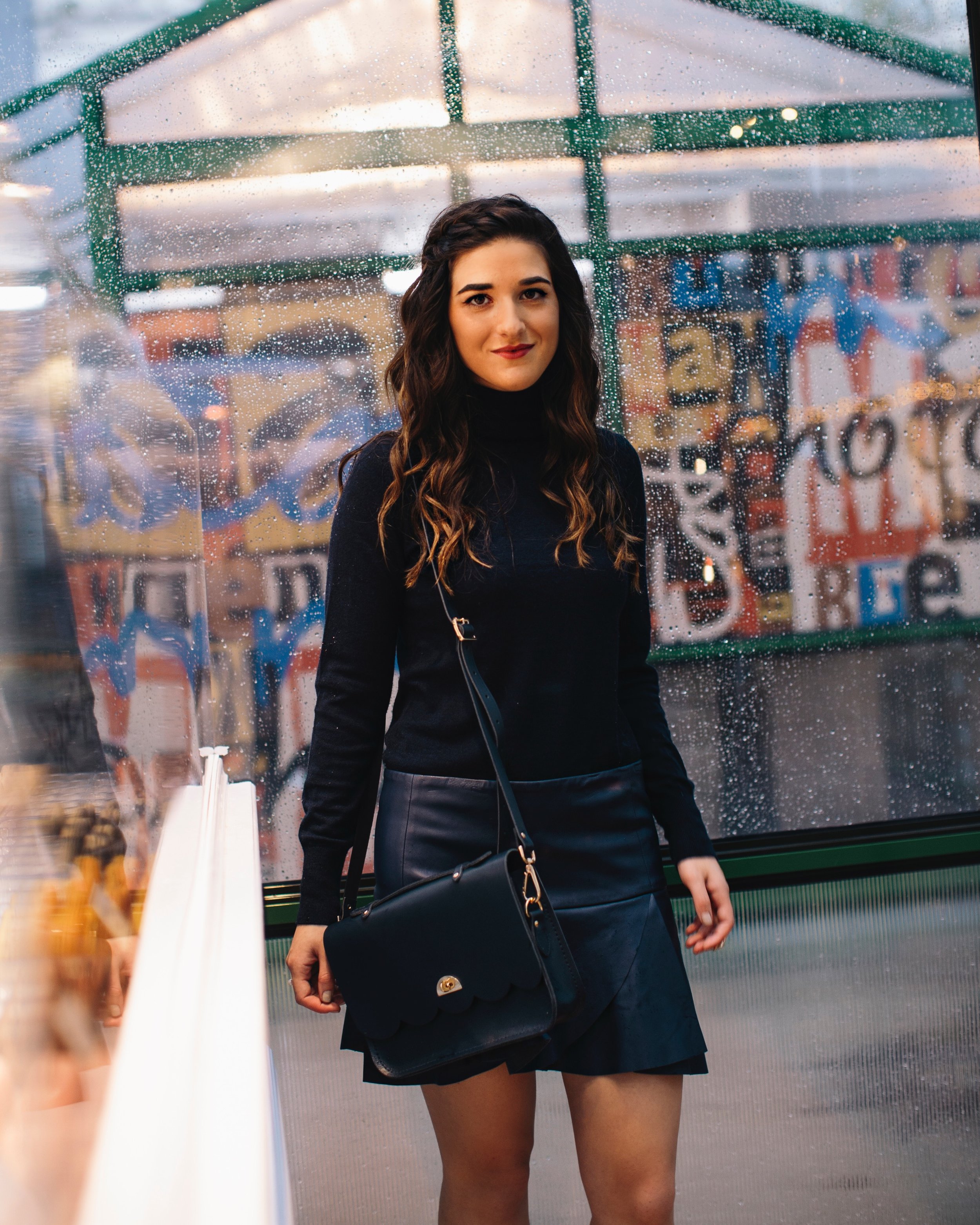 All Navy Look 20 Tips To Build Your Instagram Following Louboutins & Love Fashion Blog Esther Santer NYC Street Style Blogger Outfit OOTD Trendy Cambridge Satchel Bag Purse Girl Women Hair Shoes Leopard Booties Turtleneck Accessory Rings Neutral Skirt.jpg