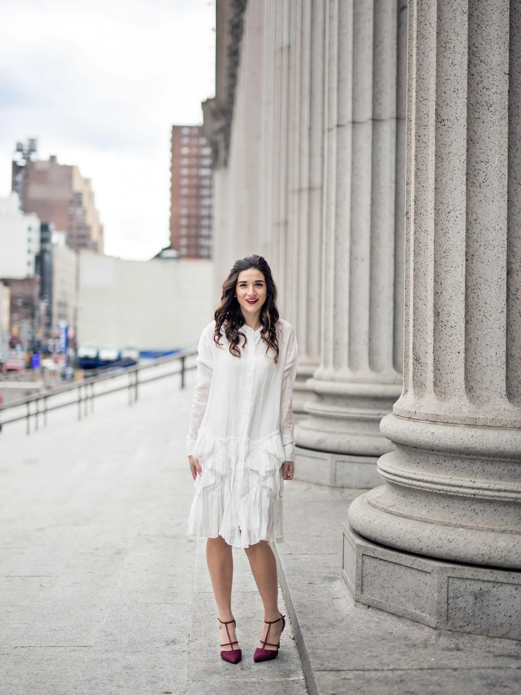 white dress burgundy heels