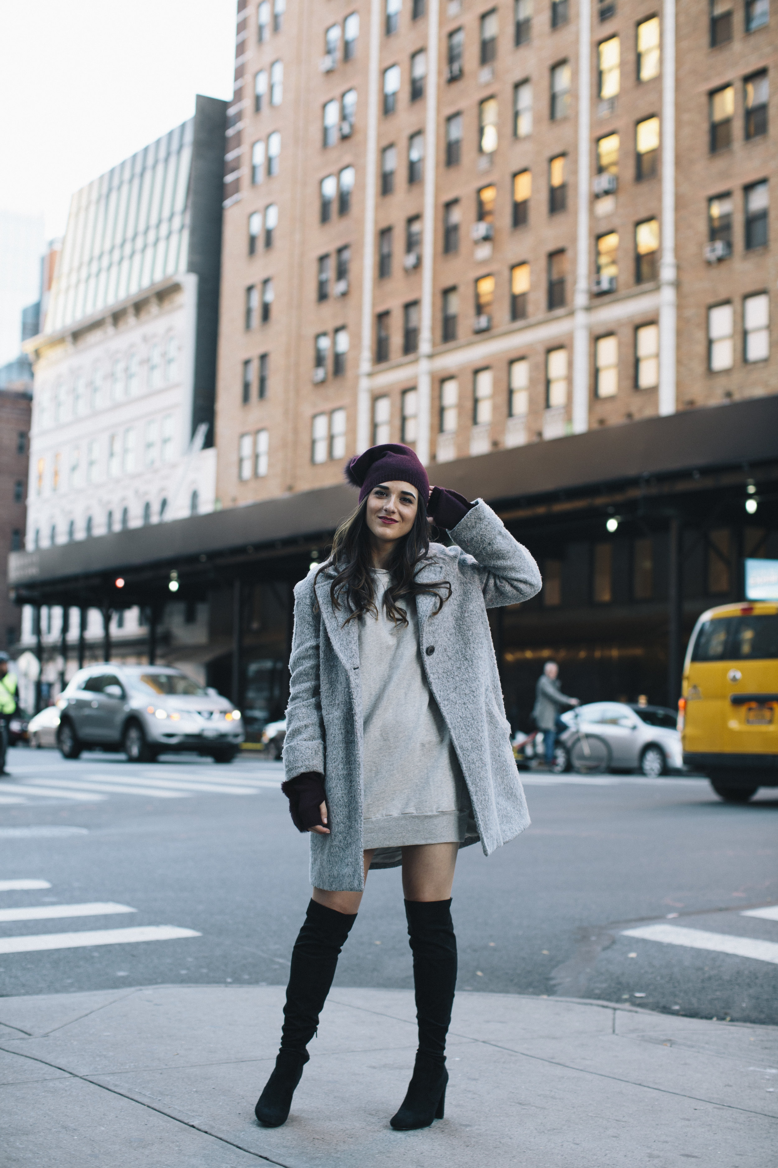 Cashmere Hat And Glove Set Piccolo New York Louboutins & Love Fashion Blog Esther Santer NYC Street Style Blogger Outfit OOTD Trendy Winter Wear Cold Weather Online Shopping Holiday Season Grey Coat Zara Sweatshirt Dress Girls OTK Black Boots Buy Cozy.jpg