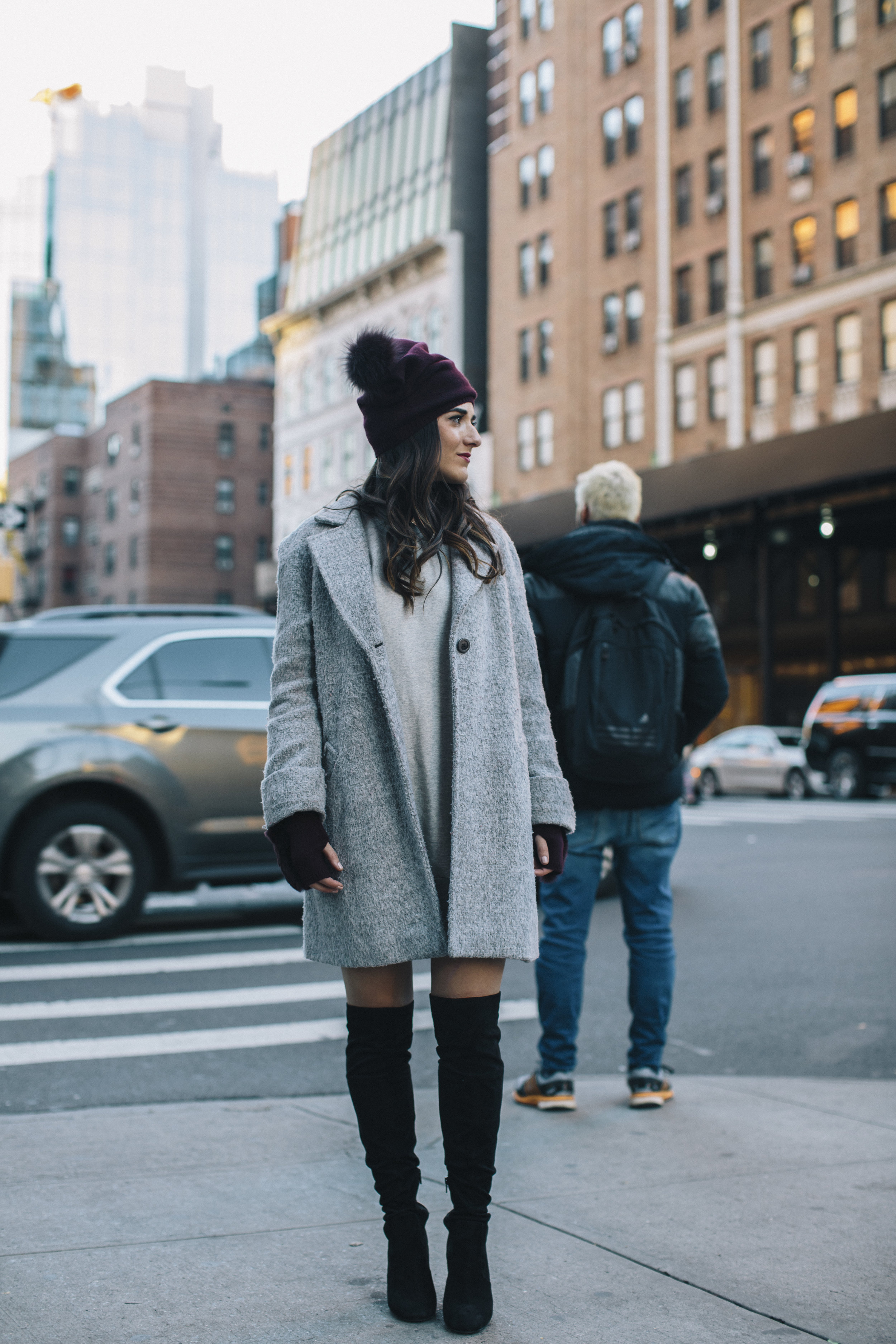 Cashmere Hat And Glove Set Piccolo New York Louboutins & Love Fashion Blog Esther Santer NYC Street Style Blogger Outfit OOTD Trendy Winter Wear Cold Weather Online Shopping Holiday Season Grey Coat Zara Sweatshirt Dress OTK Black Boots Stylish Cozy.jpg