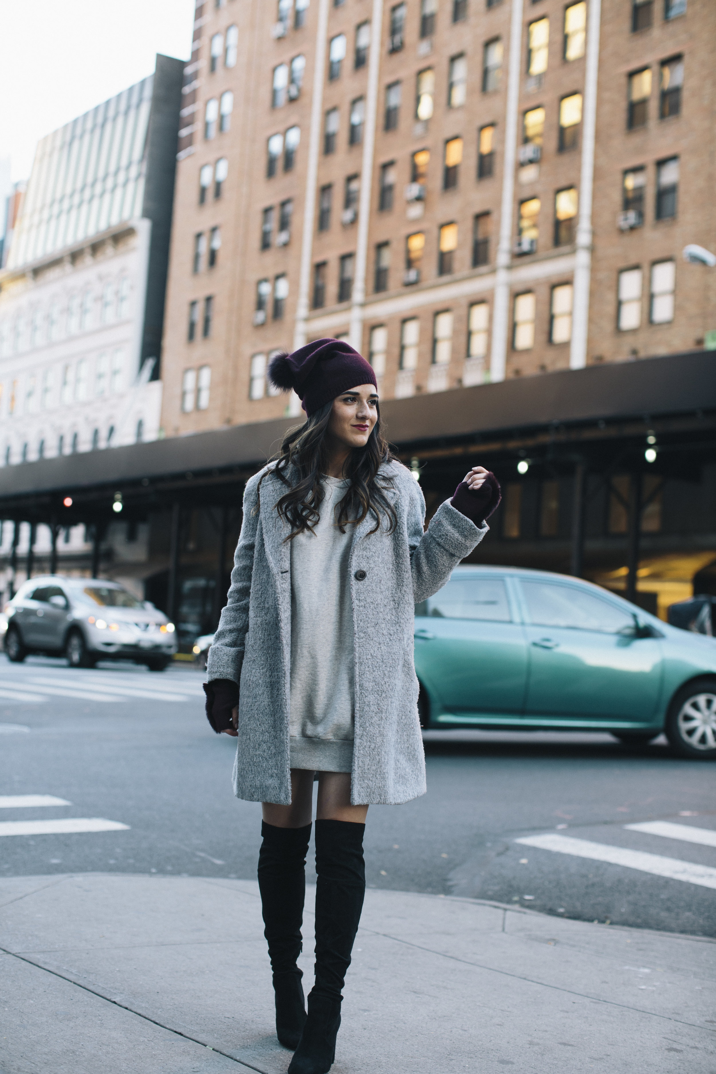 Cashmere Hat And Glove Set Piccolo New York Louboutins & Love Fashion Blog Esther Santer NYC Street Style Blogger Outfit OOTD Trendy Winter Wear Cold Weather Online Shopping Holiday Season Grey Coat Zara Sweatshirt Dress OTK Black Boots Women Buy Cozy.jpg