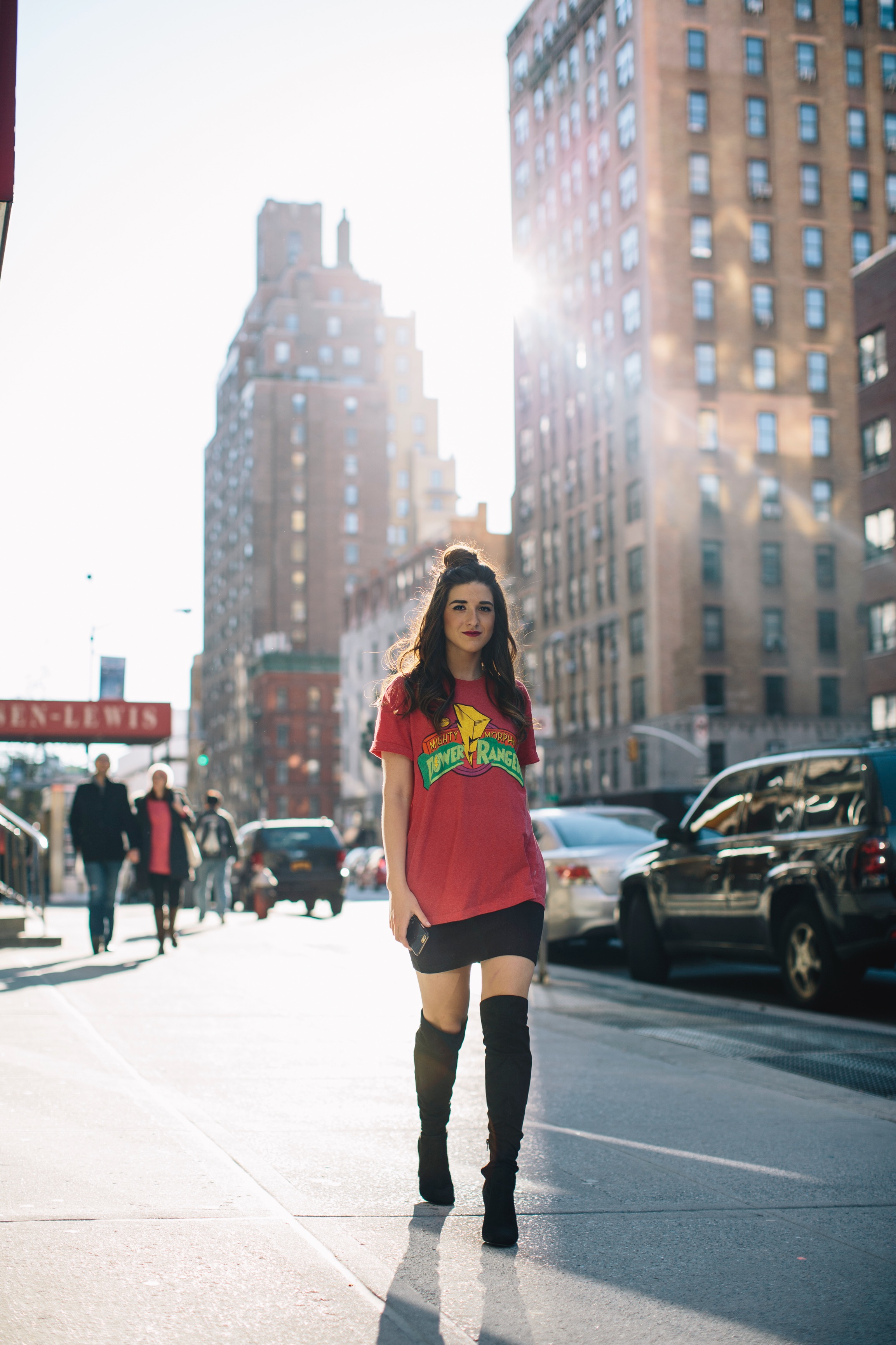Power Rangers Tee + OTN Boots Hashtag Blogger Problems Louboutins & Love Fashion Blog Esther Santer NYC Street Style Blogger Outfit OOTD Trendy Red Top Black Mini Skirt Girl Women What To Wear Shopping Phone Hair Topknot Bun Fun  Edgy Graphic T-Shirt.jpg