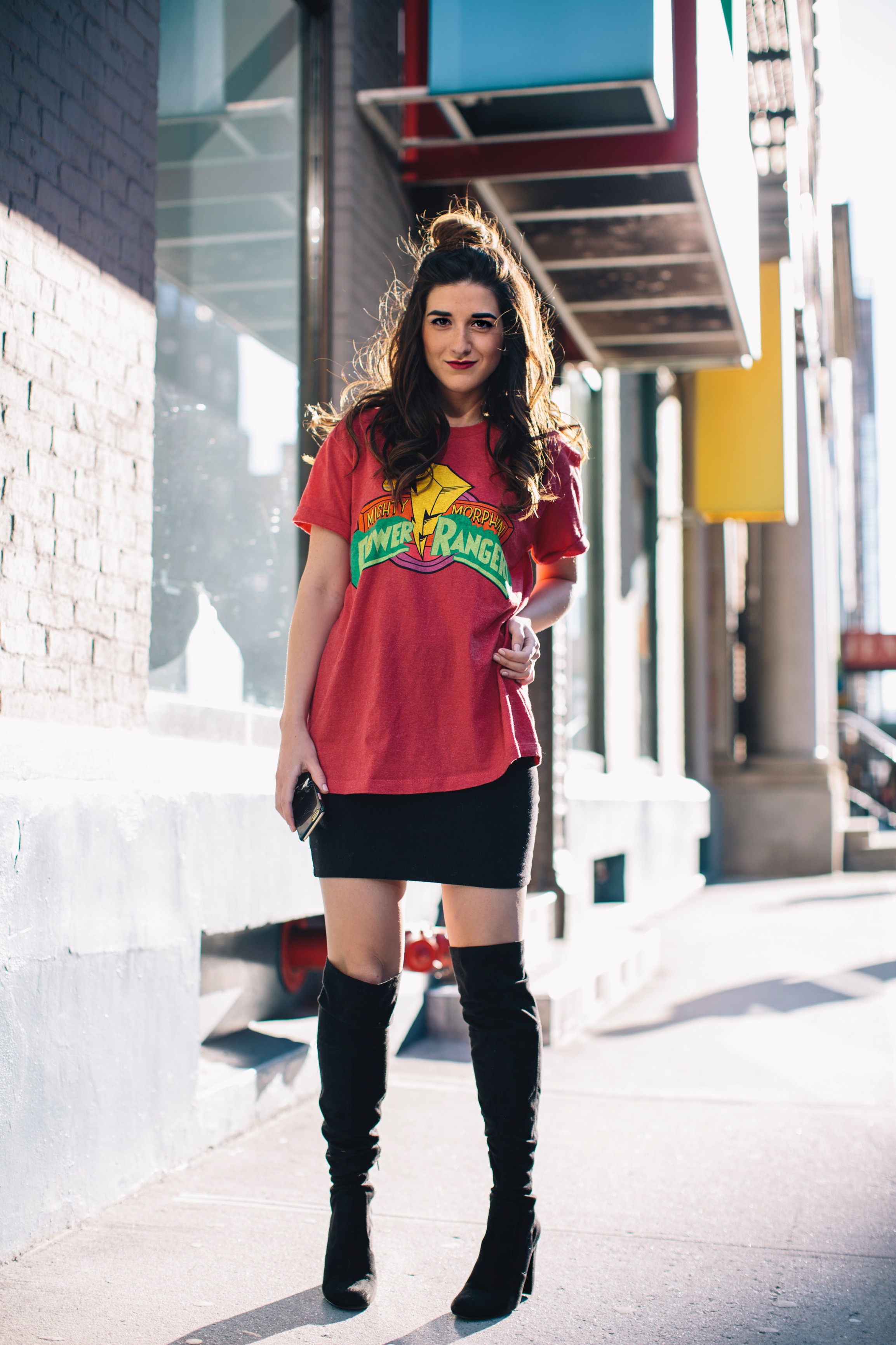 Power Rangers Tee + OTN Boots Hashtag Blogger Problems Louboutins & Love Fashion Blog Esther Santer NYC Street Style Blogger Outfit OOTD Trendy Red Top Black Mini Skirt Women Girl What To Wear Shopping Phone Hair  Bun Topknot Fun Edgy Graphic T-Shirt.jpg