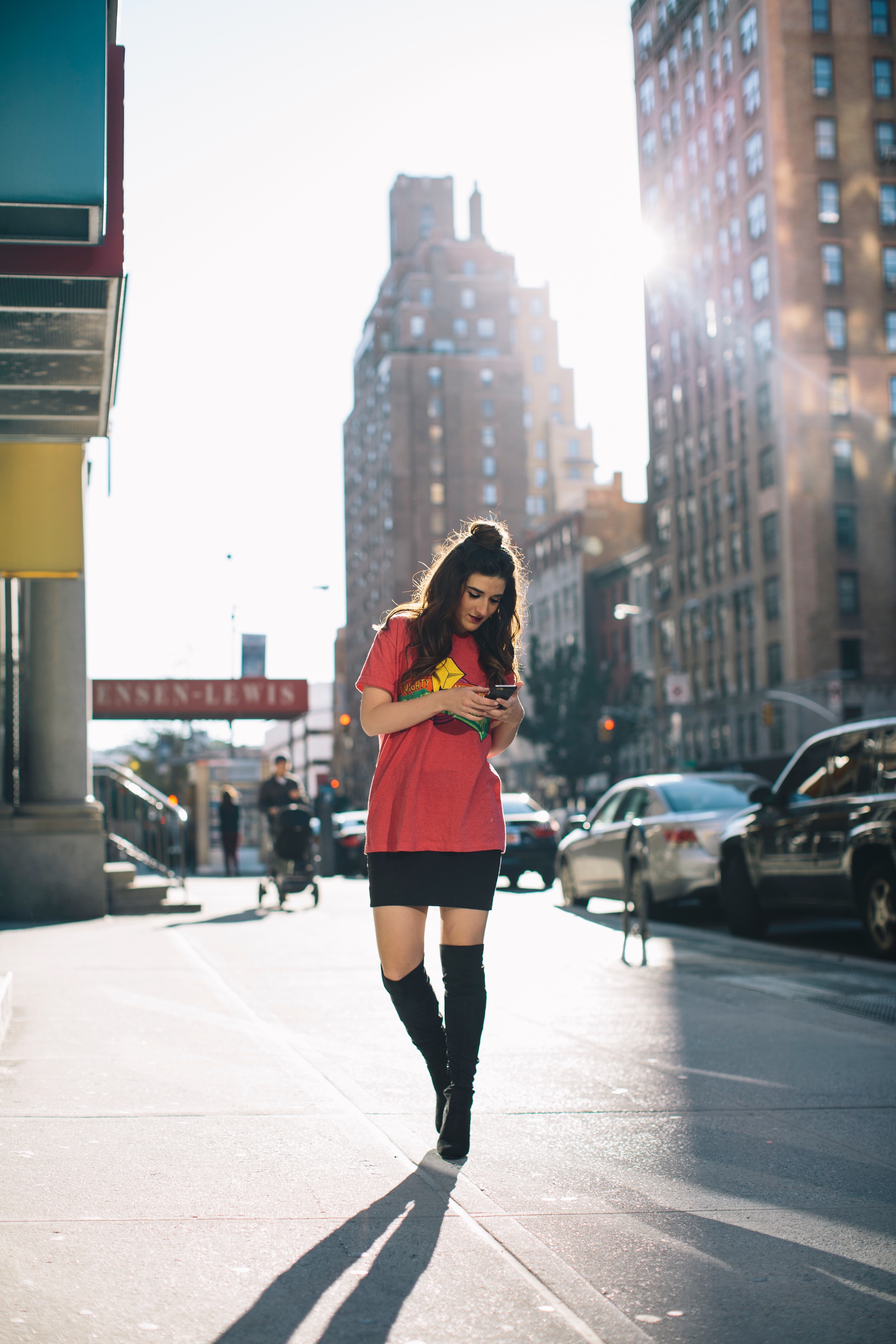 Power Rangers Tee + OTN Boots Hashtag Blogger Problems Louboutins & Love Fashion Blog Esther Santer NYC Street Style Blogger Outfit OOTD Trendy Red Top Black Mini Skirt Women Girl What To Wear Shopping Phone Hair Bun Topknot  Fun Edgy Graphic T-Shirt.jpg