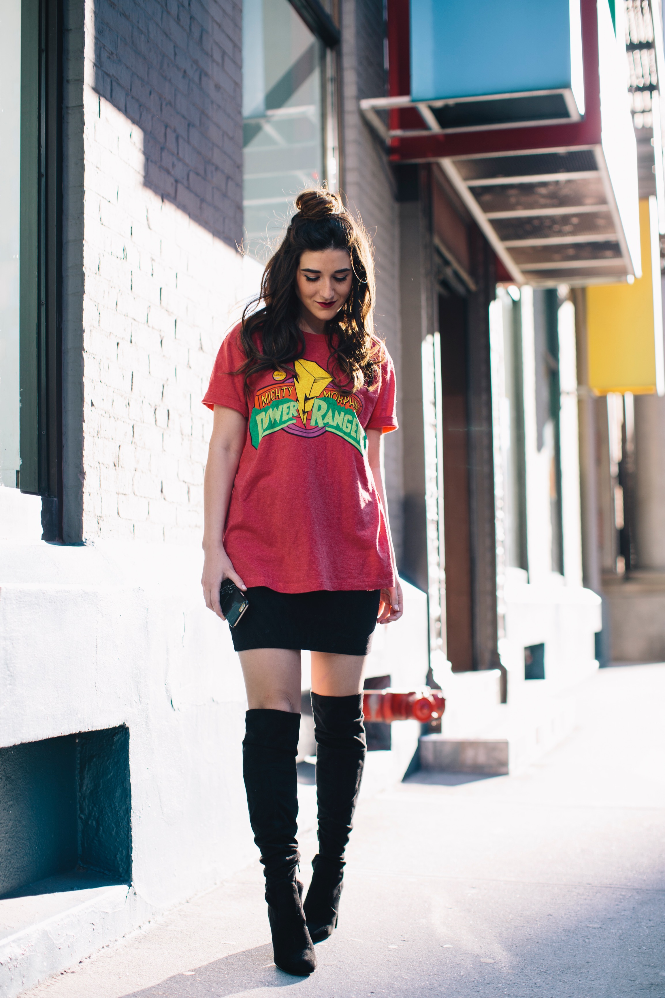 Power Rangers Tee + OTN Boots Hashtag Blogger Problems Louboutins & Love Fashion Blog Esther Santer NYC Street Style Blogger Outfit OOTD Trendy Red Top Black Mini Skirt Women Girl What To Wear Shopping Phone Hair Bun Topknot Fun Edgy Graphic T-Shirt.jpg