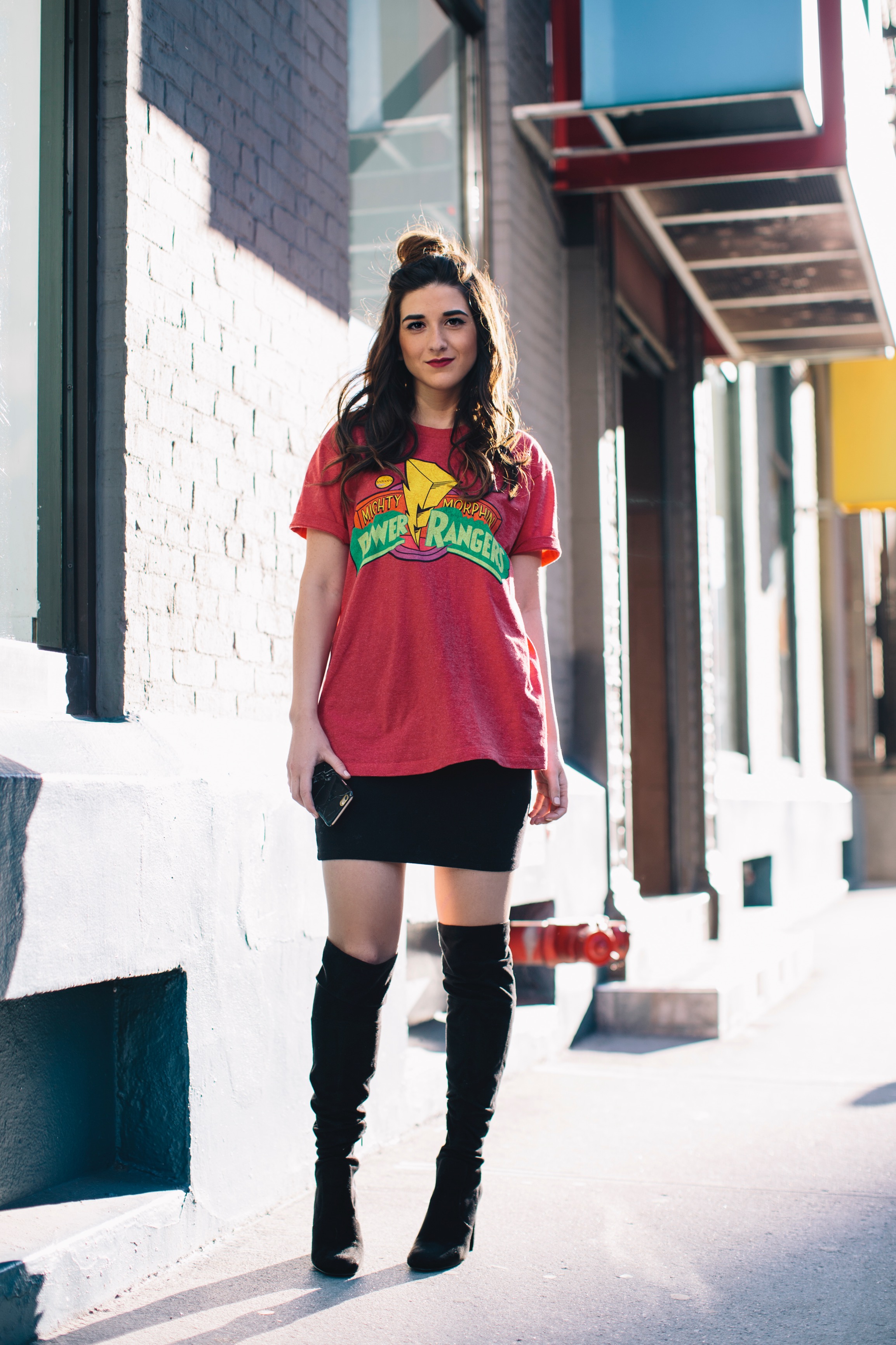 Power Rangers Tee + OTN Boots Hashtag Blogger Problems Louboutins & Love Fashion Blog Esther Santer NYC Street Style Blogger Outfit OOTD Trendy Red Top Black Mini Skirt Women Girl What To Wear Shopping Phone Hair Topknot Bun Fun Edgy Graphic T-Shirt.jpg