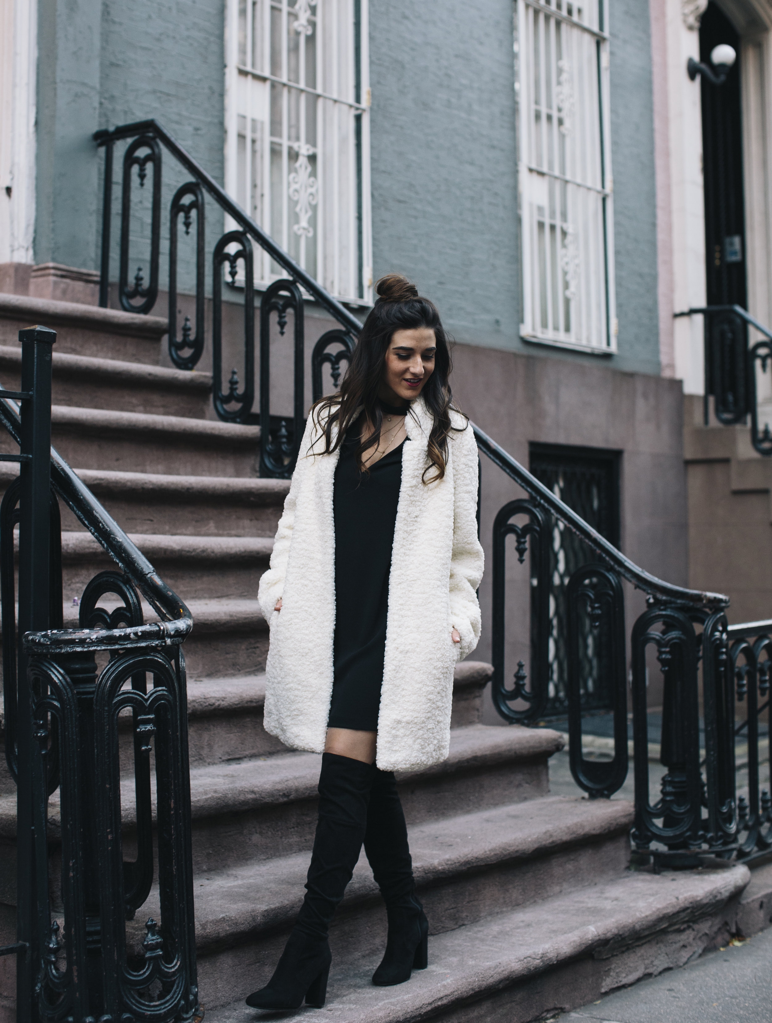 Teddy Bear Coat + OTN Boots How To Avoid Blogger Depression Louboutins & Love Fashion Blog Esther Santer NYC Street Style Blogger Outfit OOTD Trendy Ivanka Trump Nordstrom Bloomingdales Black Dress Zara Pretty Online Shopping Shoes Bun Wear Women Girl.jpg