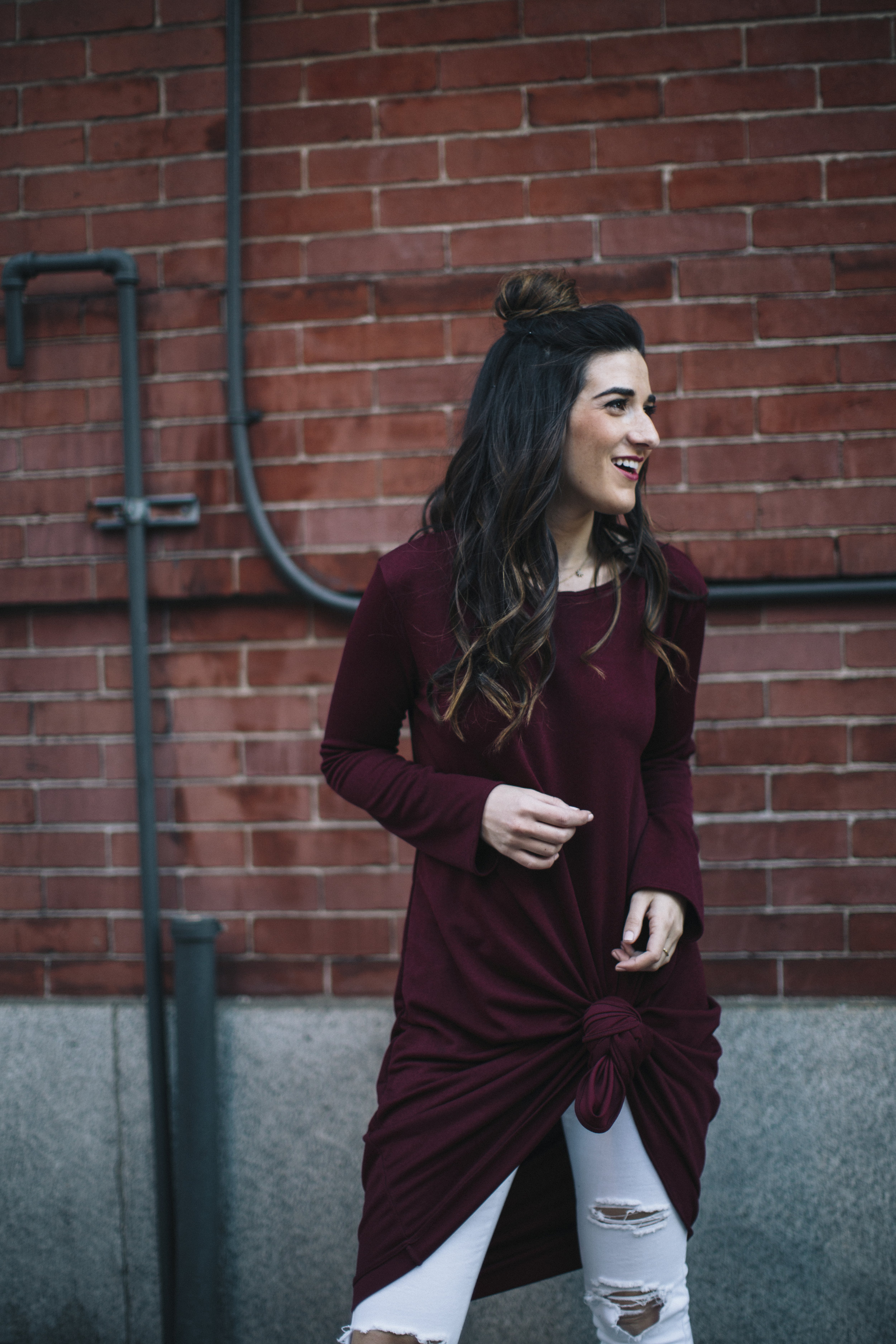 Knotted Dress + Ripped White Jeans 4 Ways To Build Connections Louboutins & Love Fashion Blog Esther Santer NYC Street Style Blogger Outfit OOTD Trendy Red Maroon Burgundy Winter Color Leopard Coach Shoes Booties Pants Girl Women Bun Topknot Hair Wear.jpg