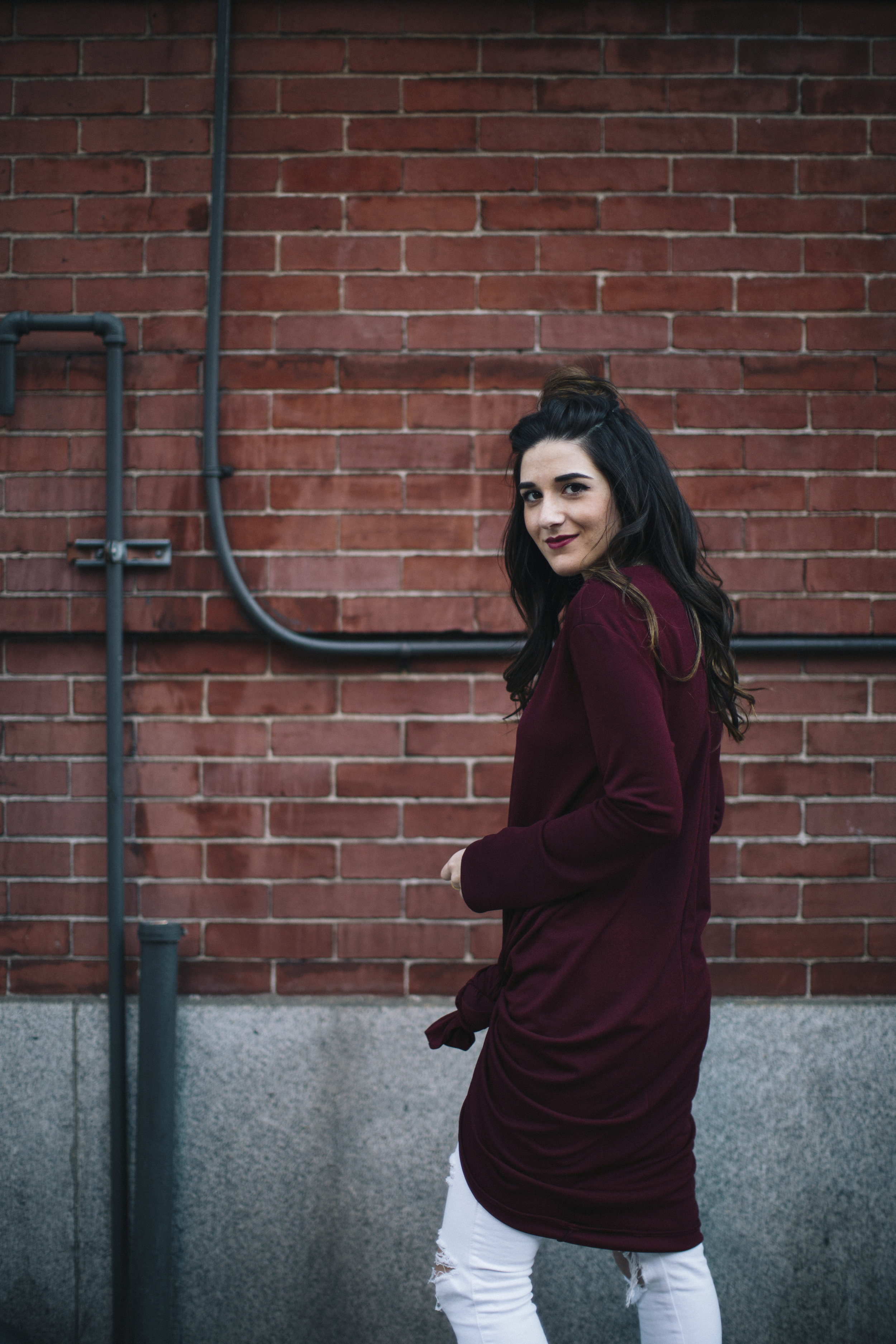 Knotted Dress + Ripped White Jeans 4 Ways To Build Connections Louboutins & Love Fashion Blog Esther Santer NYC Street Style Blogger Outfit OOTD Trendy Red Maroon Burgundy Winter Wear Color Leopard Coach Shoes Booties Pants Topknot Bun Hair Women Girl.jpg