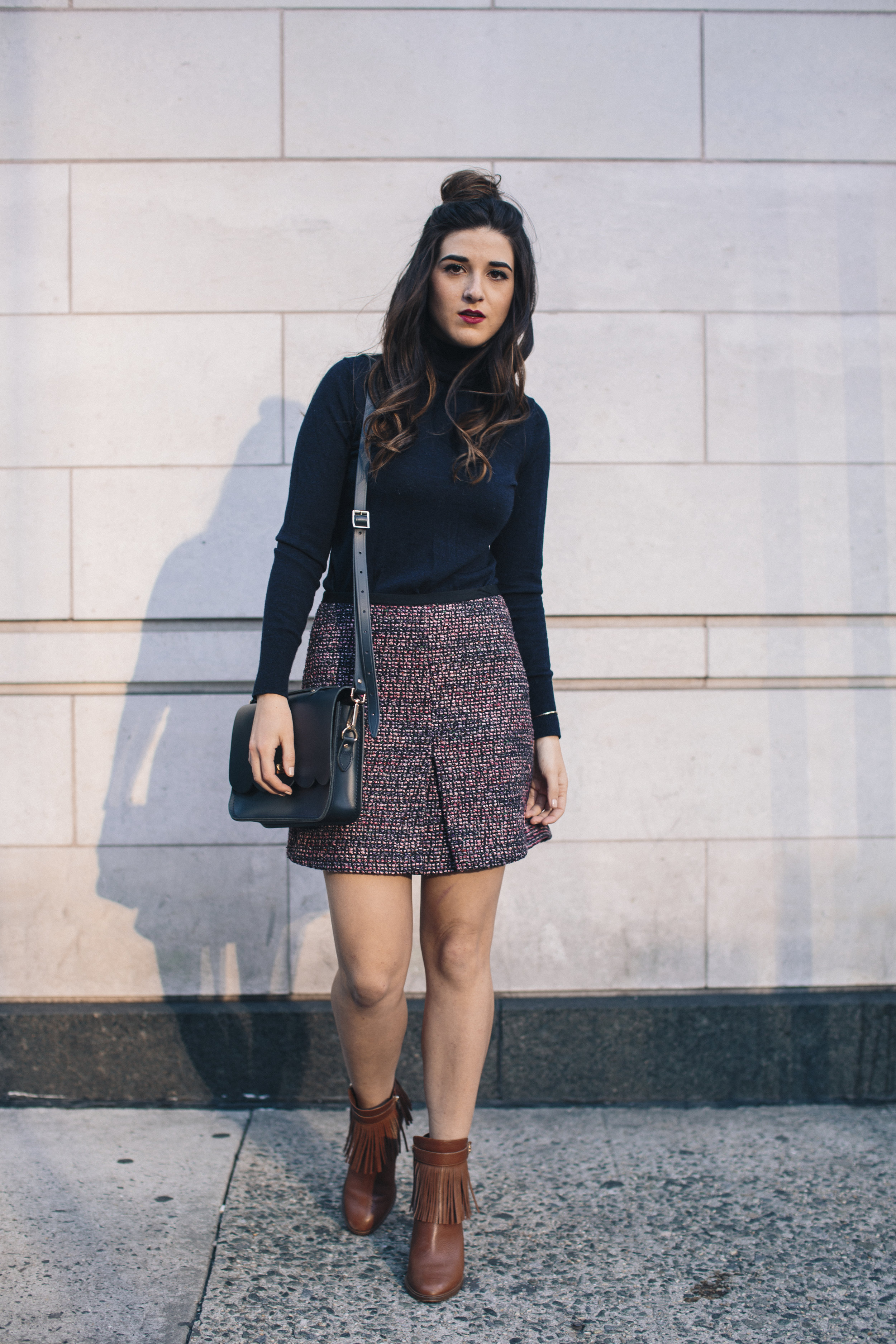 Navy Turtleneck Tweed Skirt My 10 Best Blogging Moments Louboutins & Love Fashion Blog Esther Santer NYC Street Style Blogger Outfit OOTD Trendy Cambridge Satchel Topknot Bag Hair Bun Women Girl Winter Beauty Shop Tan Fringe Shoes Ivanka Trump Booties.jpg