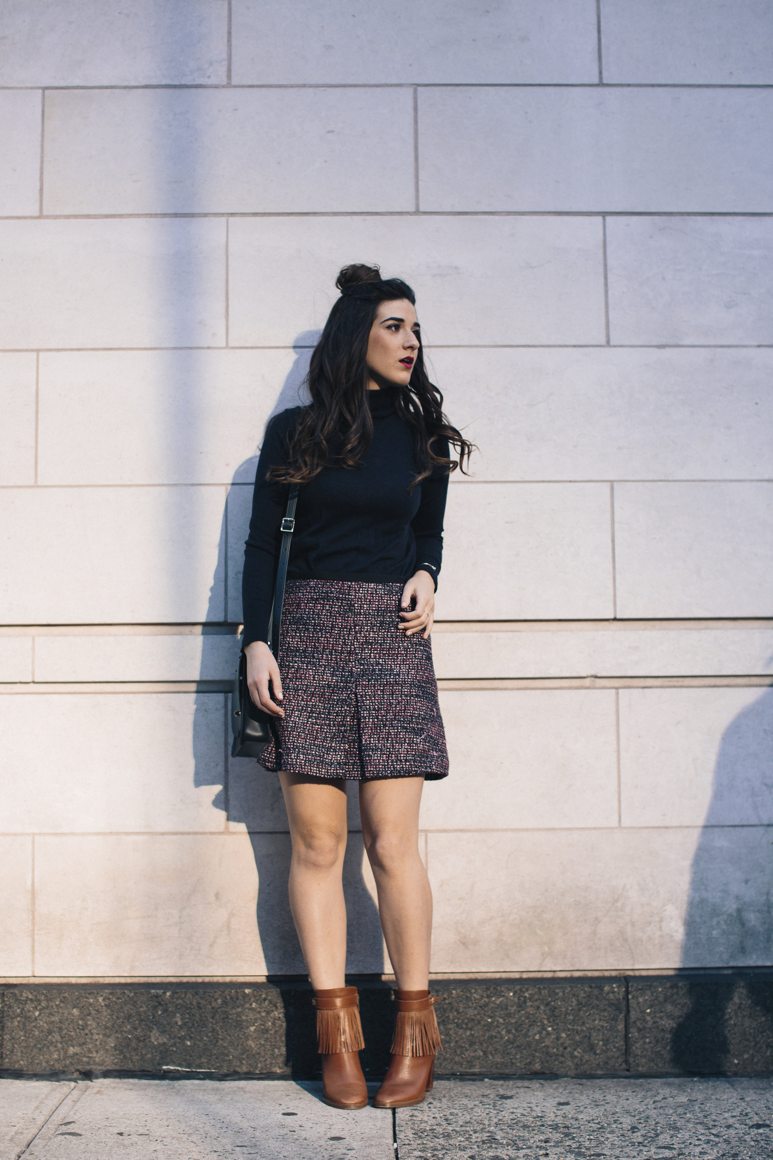 Navy Turtleneck Tweed Skirt My 10 Best Blogging Moments Louboutins & Love Fashion Blog Esther Santer NYC Street Style Blogger Outfit OOTD Trendy Cambridge Satchel Topknot Bag Hair Bun Women Girl Winter Shop Beauty Tan Fringe Shoes Ivanka Trump Booties.jpg