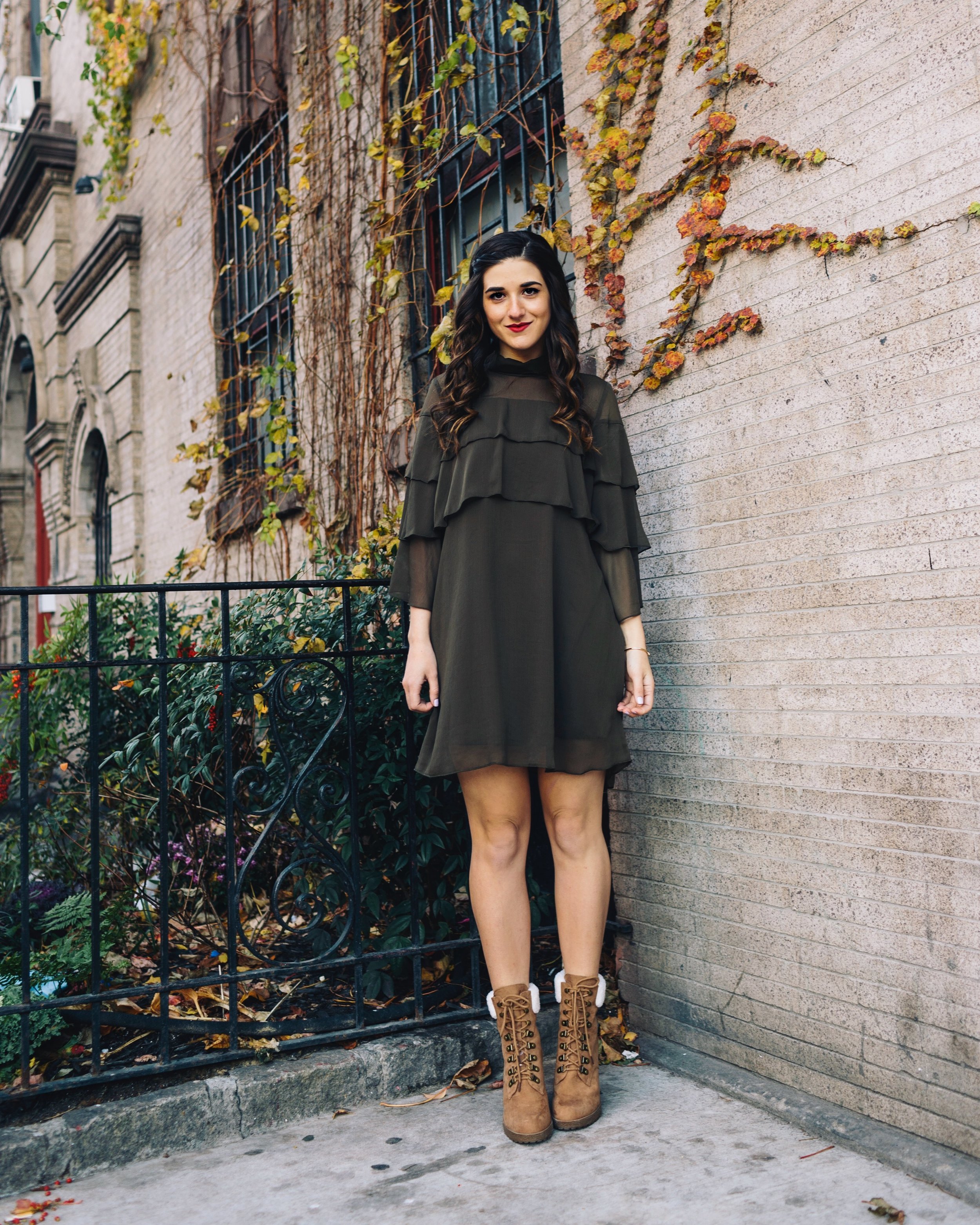 Olive Green Ruffle Dress + Lace Up Booties Payless Louboutins & Love Fashion Blog Esther Santer NYC Street Style Blogger Outfit OOTD Trendy Shoes Inspo Girly Fall Winter Hair Shopping Affordable Boots  Photoshoot Clothes Wear Bracelet Pretty Beautiful.JPG