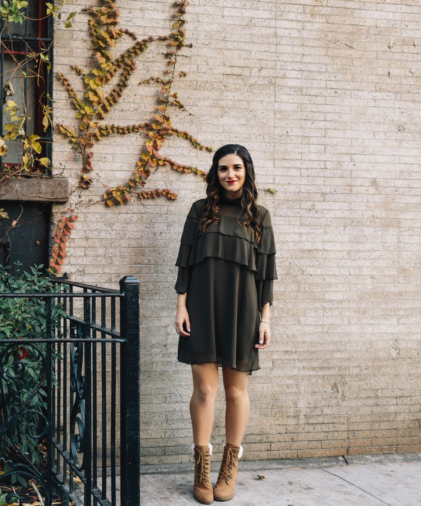 Olive Green Ruffle Dress + Lace Up Booties Payless Louboutins & Love Fashion Blog Esther Santer NYC Street Style Blogger Outfit OOTD Trendy Shoes Inspo Girly Fall Winter Shopping Affordable Boots Hair Photoshoot Wear  Clothes Bracelet Pretty Beautiful.JPG
