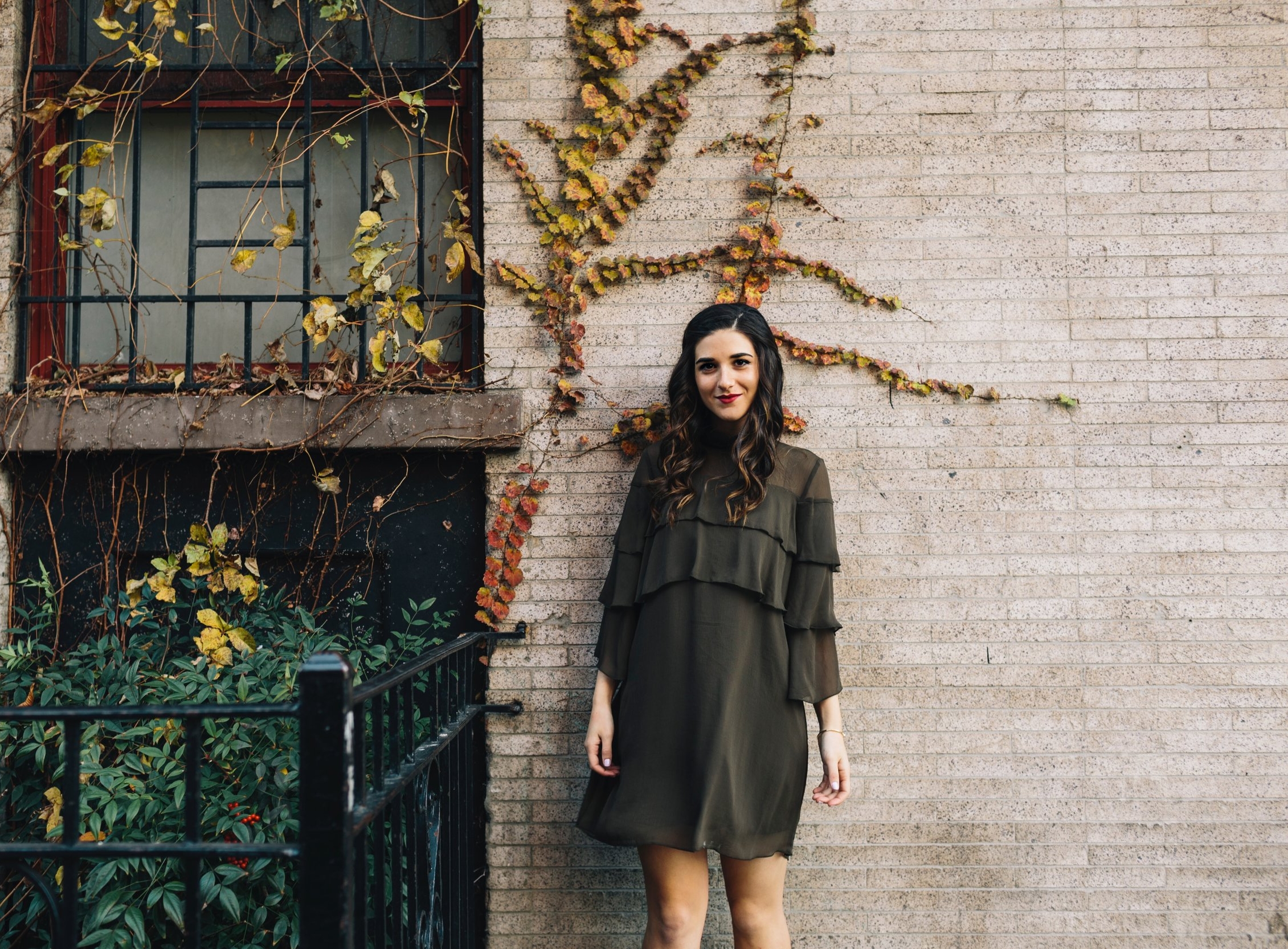 Olive Green Ruffle Dress + Lace Up Booties Payless Louboutins & Love Fashion Blog Esther Santer NYC Street Style Blogger Outfit OOTD Trendy Shoes Inspo Girly Fall Winter Shopping Affordable Boots Hair Photoshoot Wear Clothes Bracelet Pretty Beautiful.JPG