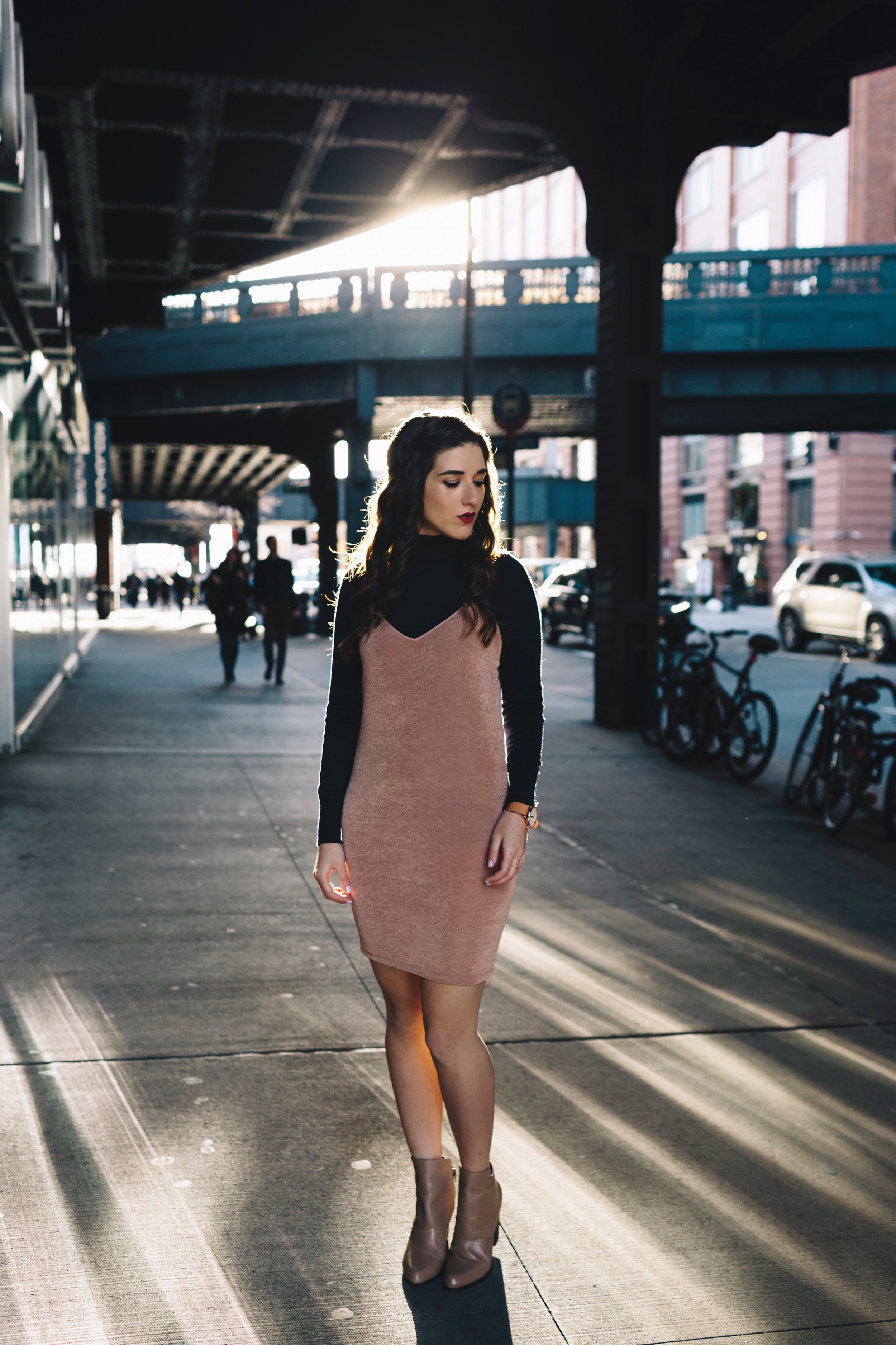 Navy Turtleneck + Pink Slip Dress Finding Your Niche Esther Santer Fashion Blog Louboutins & Love NYC Street Style Blogger Outfit OOTD Trendy Booties Shoes Hair Girl Women Winter Look Shopping Zara  Shirt M4D3 Banana Republic Photoshoot  New York City.JPG