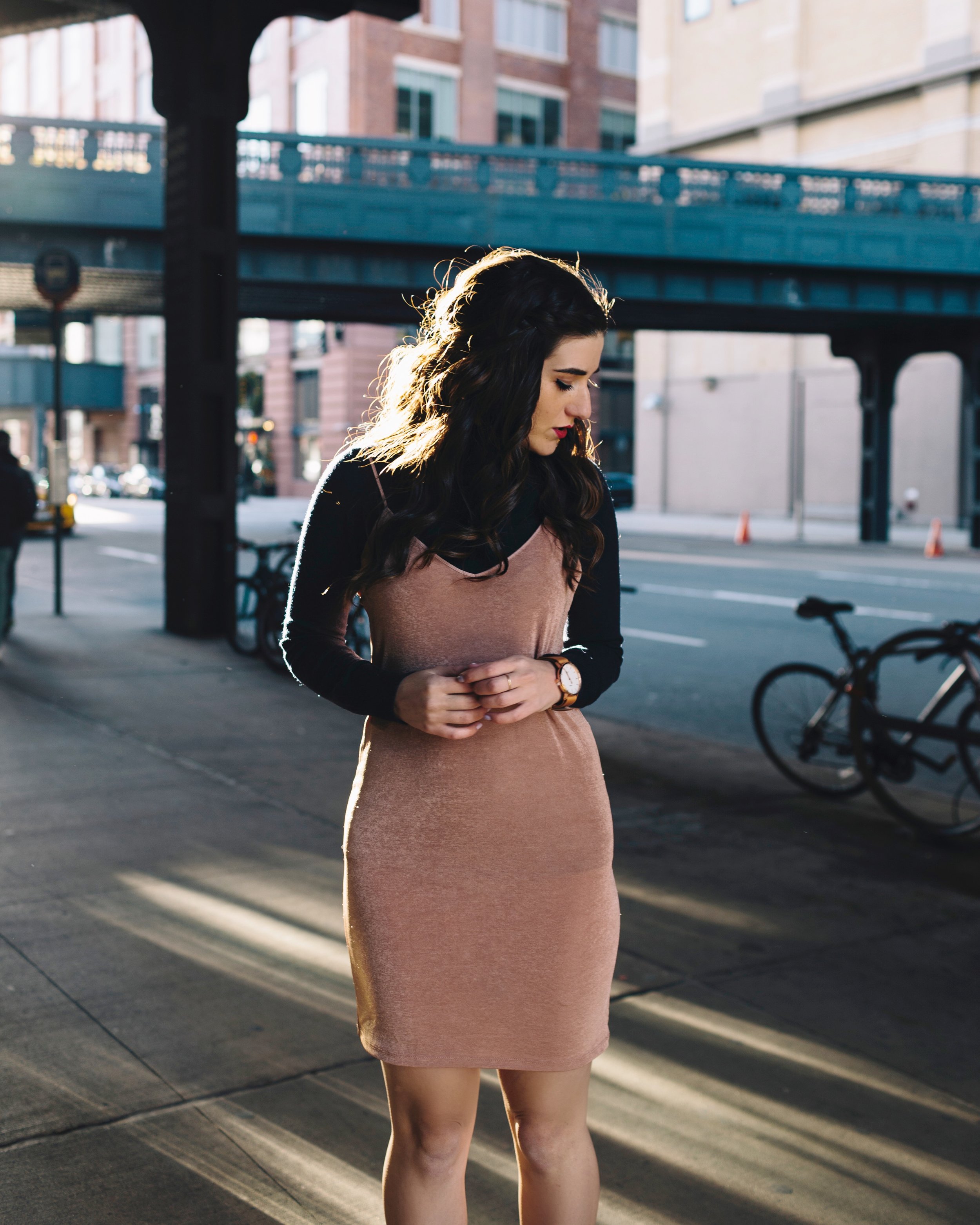 Navy Turtleneck + Pink Slip Dress Finding Your Niche Esther Santer Fashion Blog Louboutins & Love NYC Street Style Blogger Outfit OOTD Trendy Booties Shoes Hair Girl Women Winter Look Shopping  Zara Shirt M4D3 Banana Republic  Photoshoot New York City.JPG