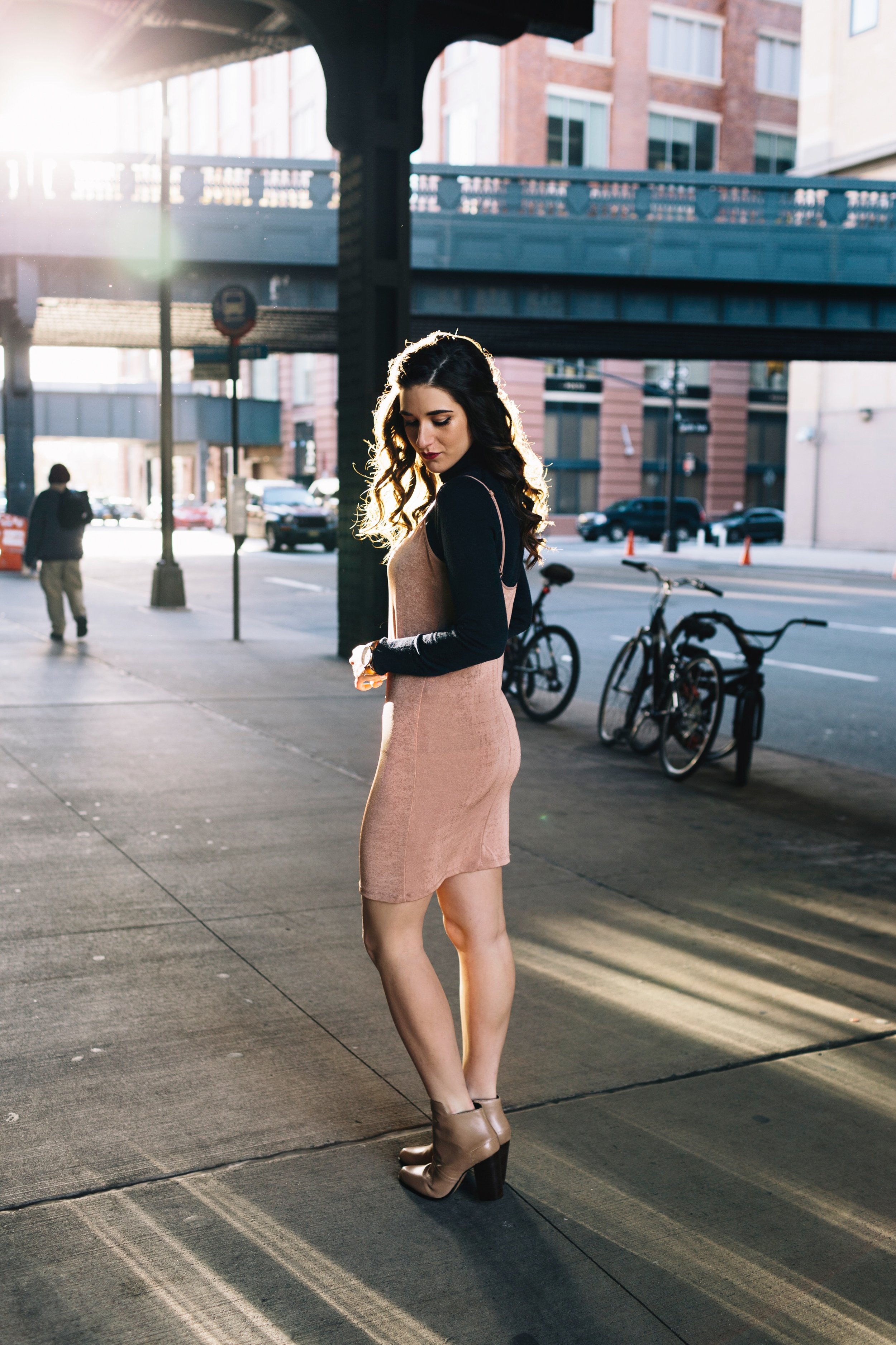 Navy Turtleneck + Pink Slip Dress Finding Your Niche Esther Santer Fashion Blog Louboutins & Love NYC Street Style Blogger Outfit OOTD Trendy Booties Shoes Hair Girl Women Winter Look Shopping Zara M4D3 Banana Republic Photoshoot New York City Shirt.JPG