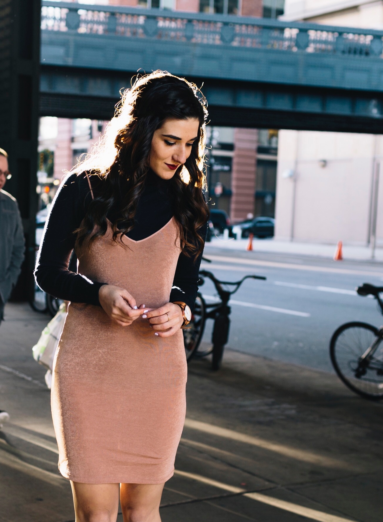 Navy Turtleneck + Pink Slip Dress Finding Your Niche Esther Santer Fashion Blog Louboutins & Love NYC Street Style Blogger  Outfit OOTD Trendy Booties Shoes Hair Girl Women Winter Look Shopping Zara  Shirt M4D3 Banana Republic Photoshoot New York City.JPG